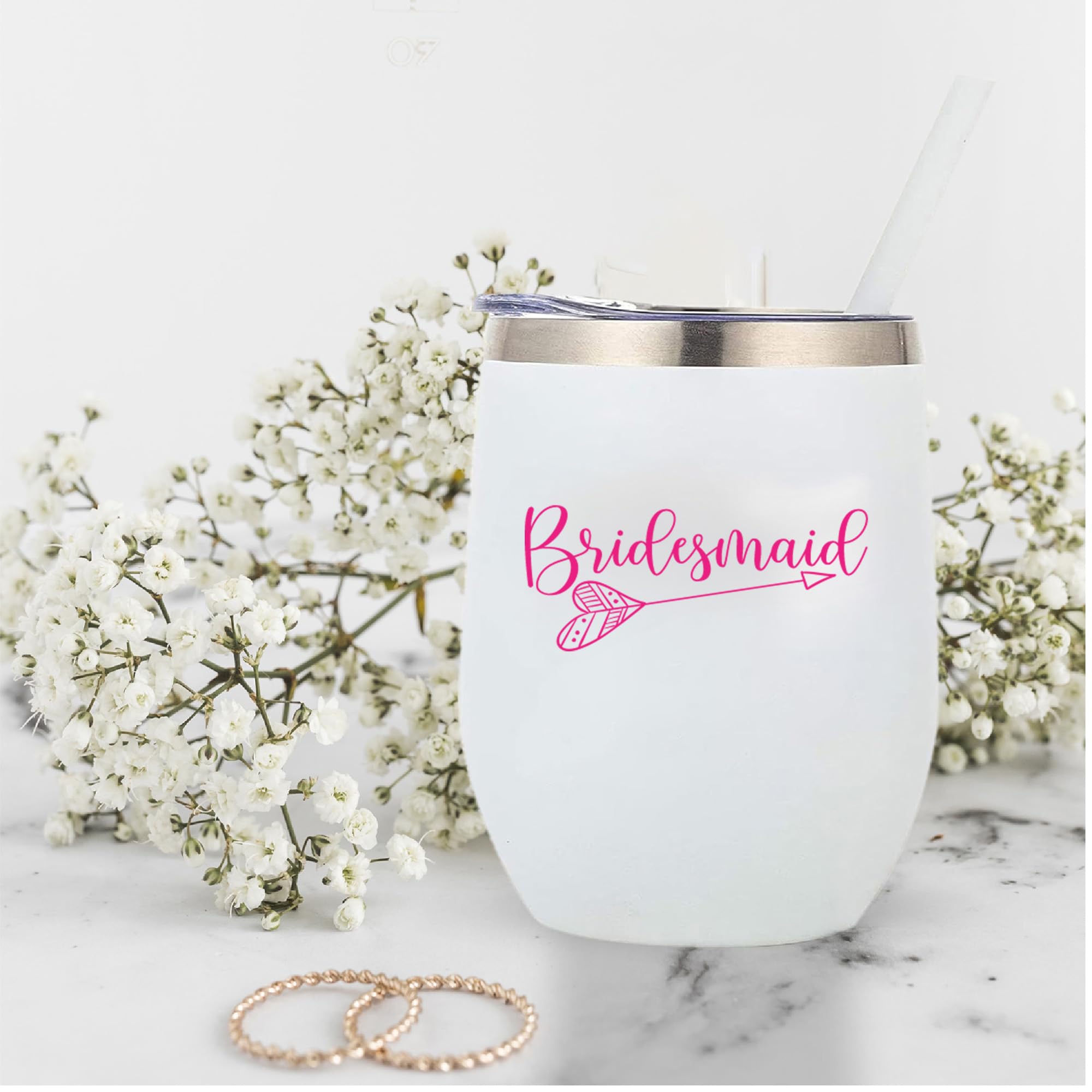 12oz White Stainless Steel Wine Tumbler with Straw & Lid - Perfect Bridesmaid Proposal Gift, Wedding Party Favor, Bachelorette Accessories - Ideal for Bridal Showers, Girls' Night Out & Special Celebrations
