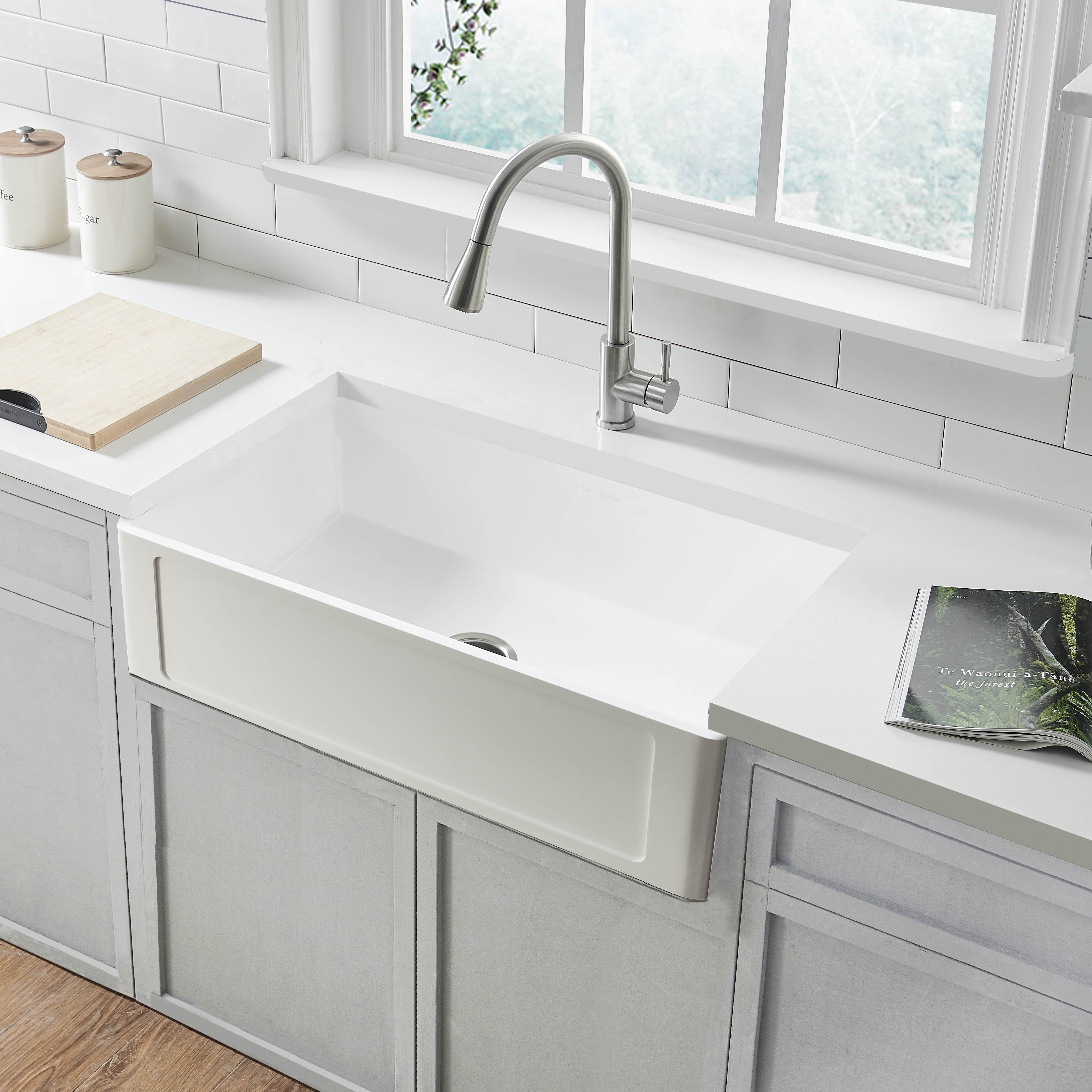 Holbrook Pure Stone Farmhouse 30-inch White Single Bowl Kitchen Sink with Grid & Strainer - Perfect for Modern Farmhouse, Rustic & Contemporary Kitchen Designs