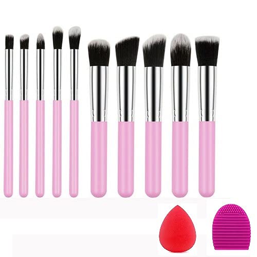 Premium AVTY Makeup Brushes Set - 10pcs Synthetic Foundation, Powder, Blush & Eyeshadow Brushes with Blender Sponge & Cleaner (Pink/Silver) - Perfect for Professional Makeup Artists & Beauty Enthusiasts at Home