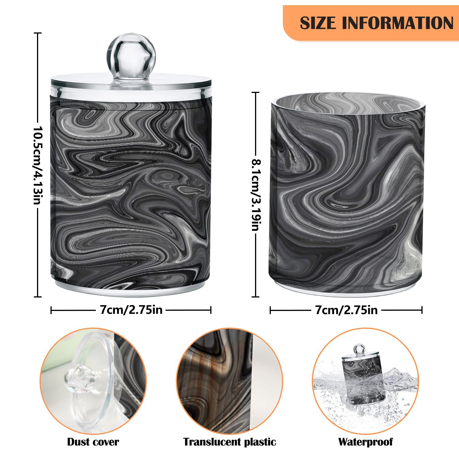 2 Pack Grey Black Marble Q-Tip Holder & Cotton Ball Dispenser - Bathroom Storage Canister Organizer for Cotton Swabs, Pads, Floss - Perfect for Vanity Countertop, Medicine Cabinet & Spa Decor
