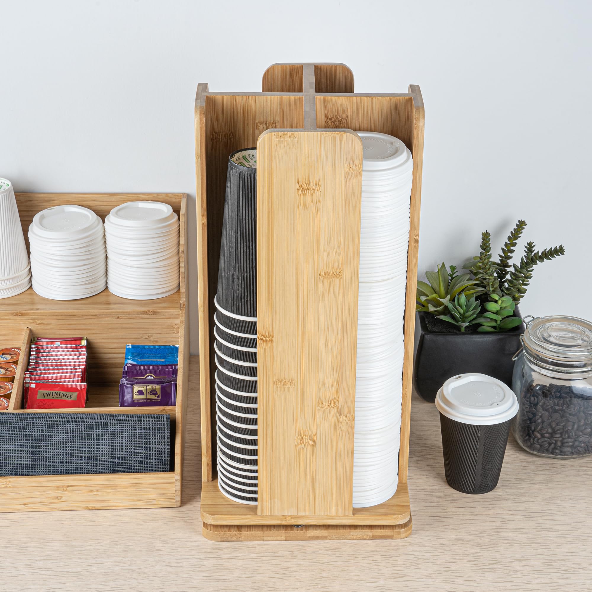 Restaurantware Restpresso 9 x 18 Inch Coffee Cup and Lid Organizer - 4-Section Revolving Bamboo Cup Holder for Restaurants, Homes & Offices | Space-Saving Countertop Solution for Coffee Shops, Break Rooms & Cafés