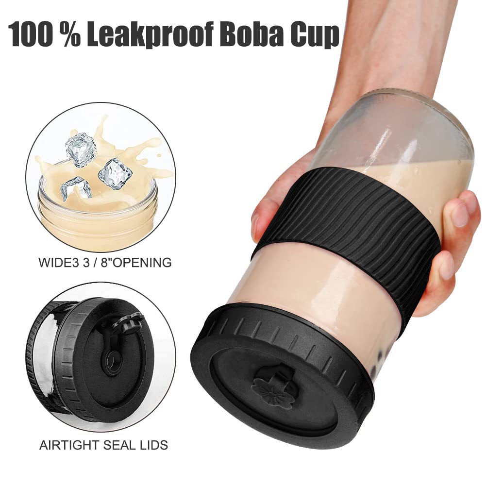 2 Pack 24oz Reusable Glass Boba Tea Cups with Lids & Straws - Mason Jar Style Iced Coffee & Smoothie Cups with Silicone Sleeve - Perfect for Bubble Tea, Cold Brew, Juicing at Home or Office