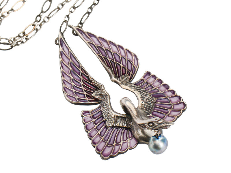 Vintage Art Nouveau Plique à Jour Swan Necklace - Handcrafted Jewelry by Wolfers - Perfect for Weddings, Evening Gala & Special Occasions