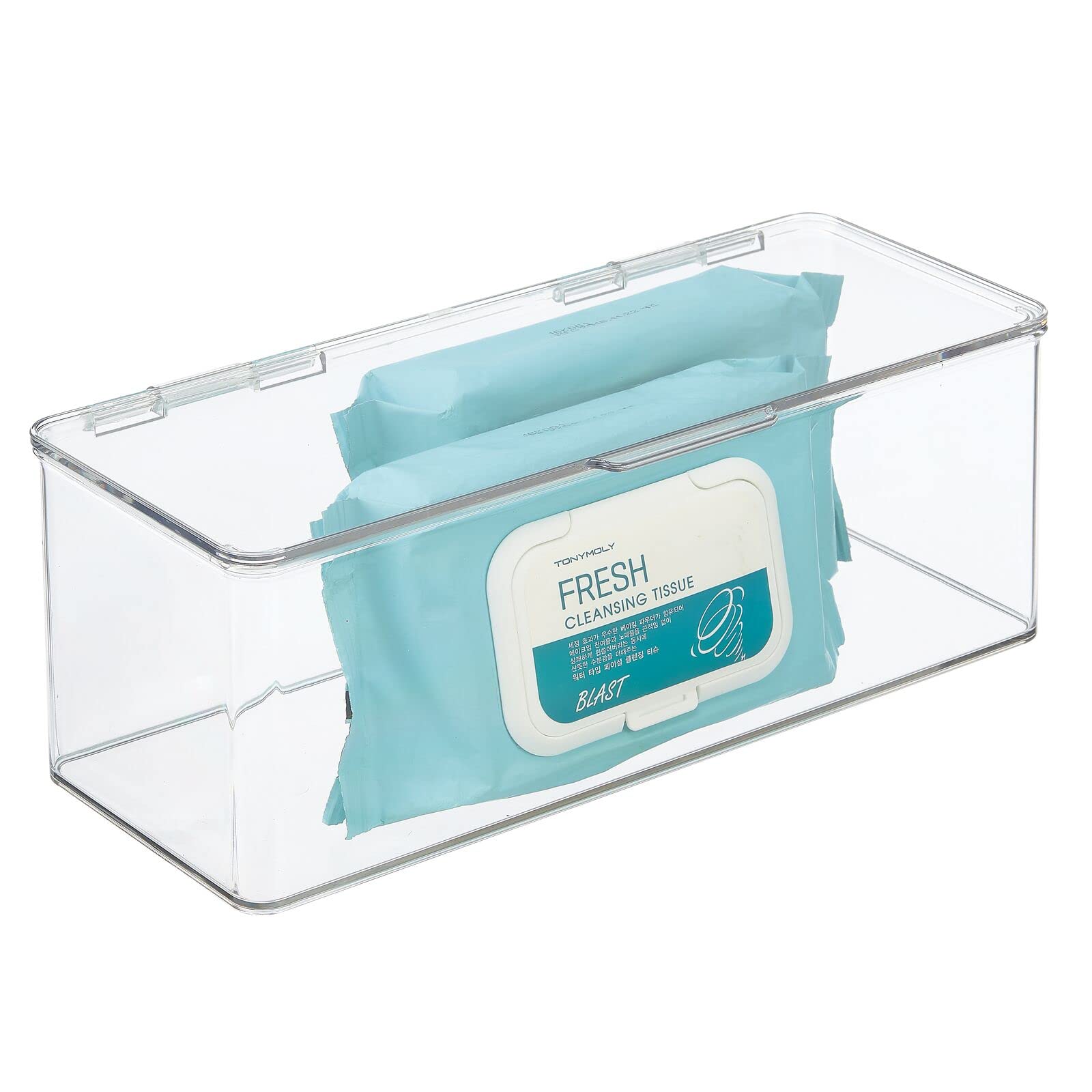 mDesign 4-Pack Clear Plastic Bathroom Storage Organizer Box with Hinged Lid - Vanity Drawer & Countertop Organizer for Lotions, Shampoo, Conditioner, Soap, Cotton Swabs, Face Towels & Accessories | Perfect for Bathroom Counter Organization, Makeup Storage & Small Item Decluttering