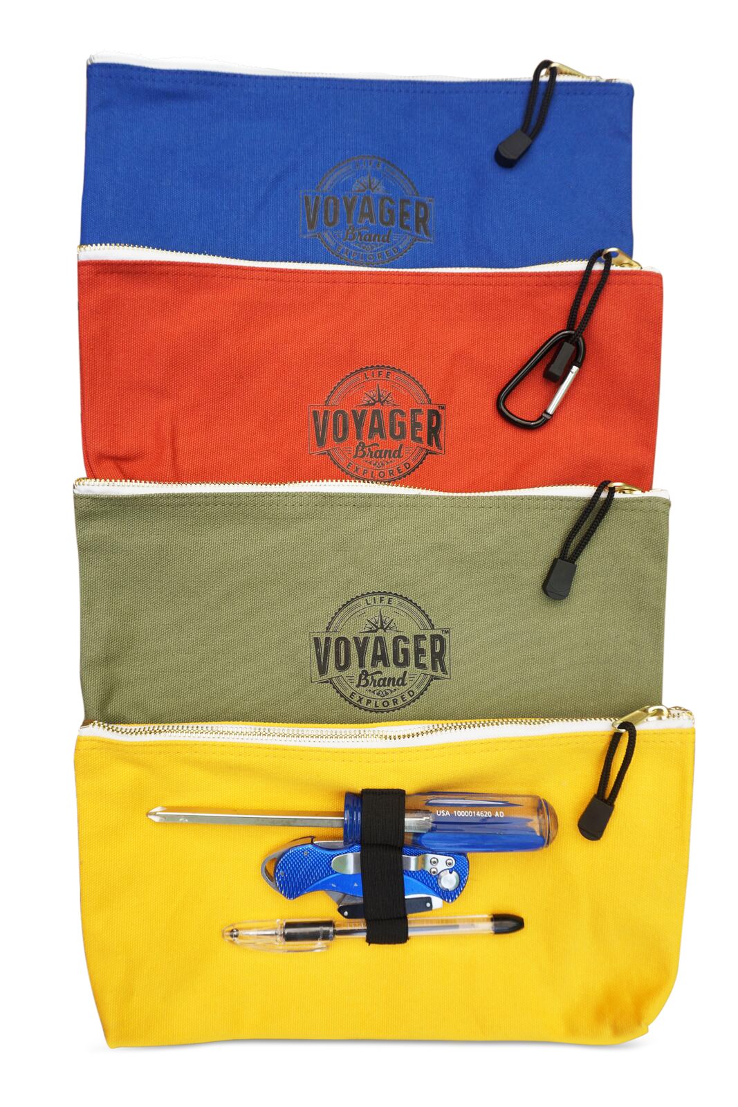 Heavy Duty Canvas Zipper Tool Pouch Set of 4 - Color Coded with Carabiner Clip, Metal Zipper & Elastic Organizer - Perfect for DIY, Construction, Camping & Tool Storage