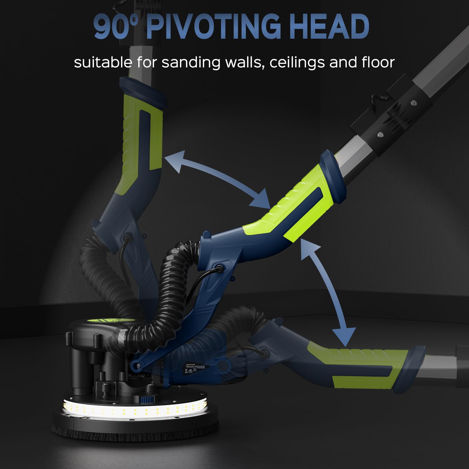 IMQUALI® 750W Electric Drywall Sander with Vacuum - 6.8A Power, 7-Speed Adjustable (800-1750 RPM), Extendable Handle & LED Light - Popcorn Ceiling Remover with 12 Sanding Discs (Navy Blue) - Perfect for Wall Smoothing, Paint Prep & DIY Home Renovation Projects