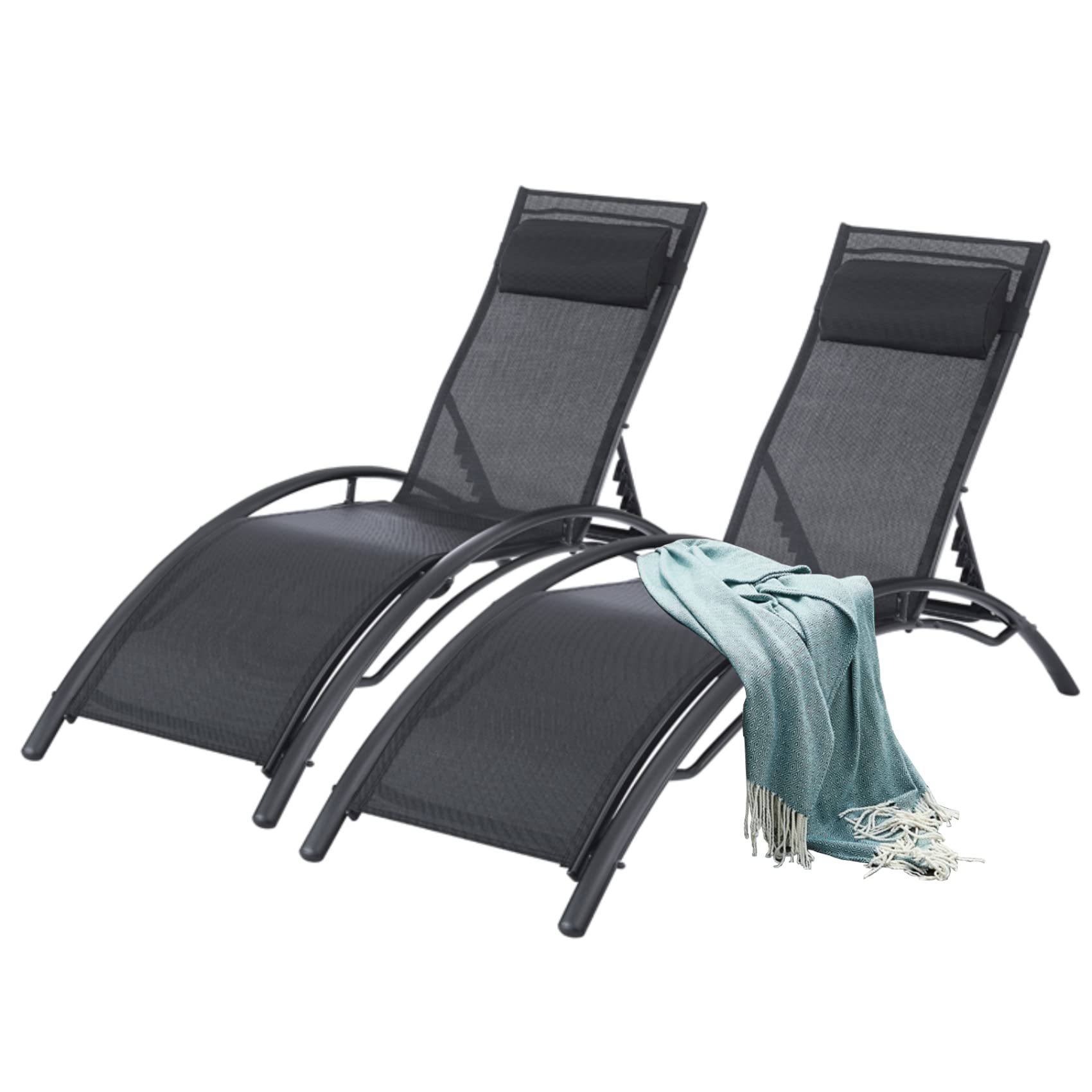 2-Pack Adjustable Reclining Lounge Chairs with Pillows - All-Weather Outdoor Patio Poolside Tanning Chairs for Backyard, Beach & Garden Relaxation (Black)