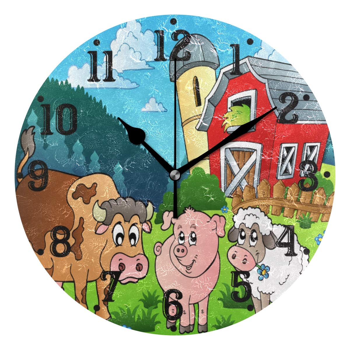 BECCI Farm Animals Barn Wall Clock - Silent Non-Ticking Battery Operated Round Clock with Sweep Movement for Kitchen, Living Room, Bedroom, Bathroom & Office | Rustic Home Decor & Modern Farmhouse Style