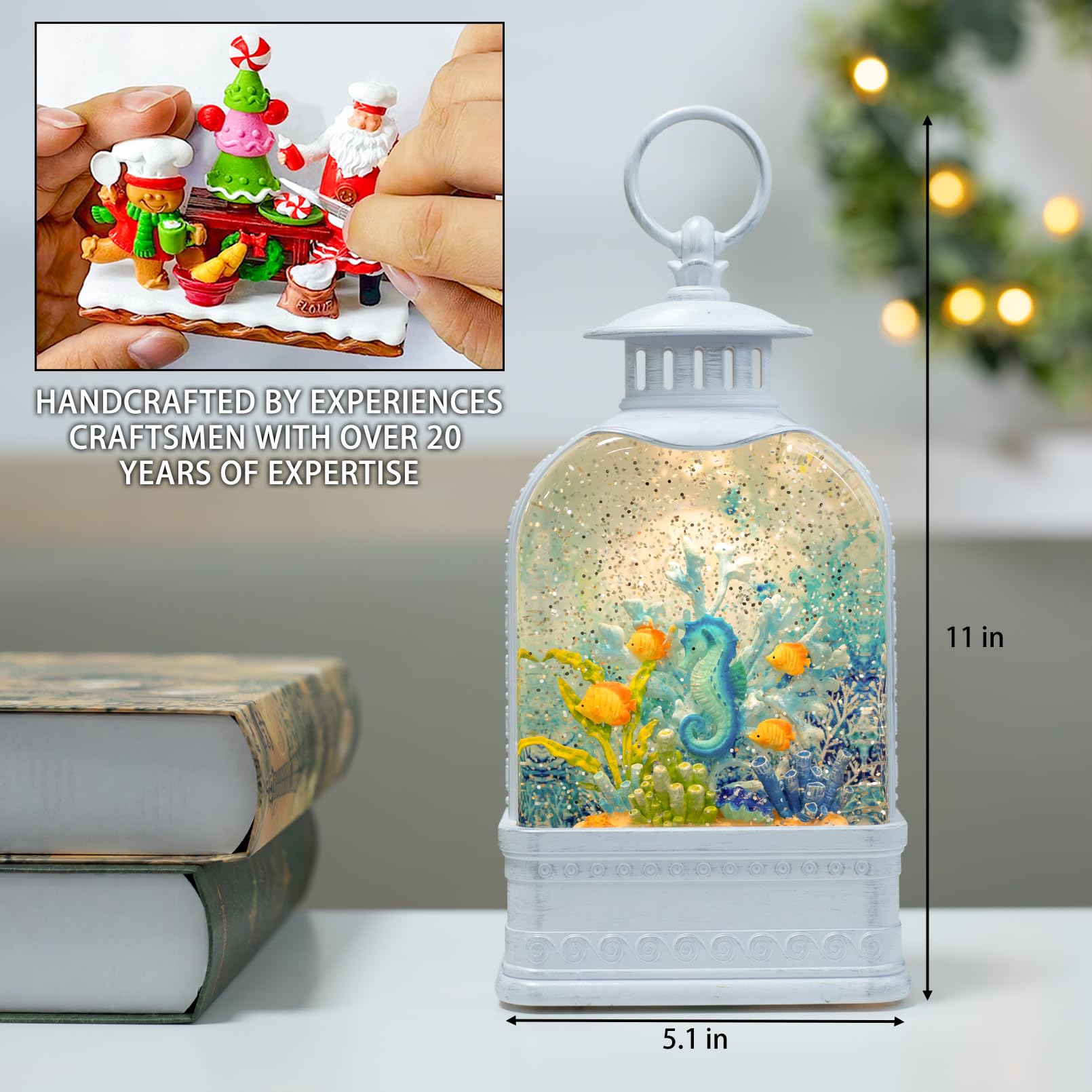 11 Inch Light Up Seahorse Snow Globe with 6H Timer - Ocean Themed Sparkling Nautical Decor for Home, Office, or Summer Beach House - Perfect Gift for Sea Lovers & Coastal Decor Enthusiasts