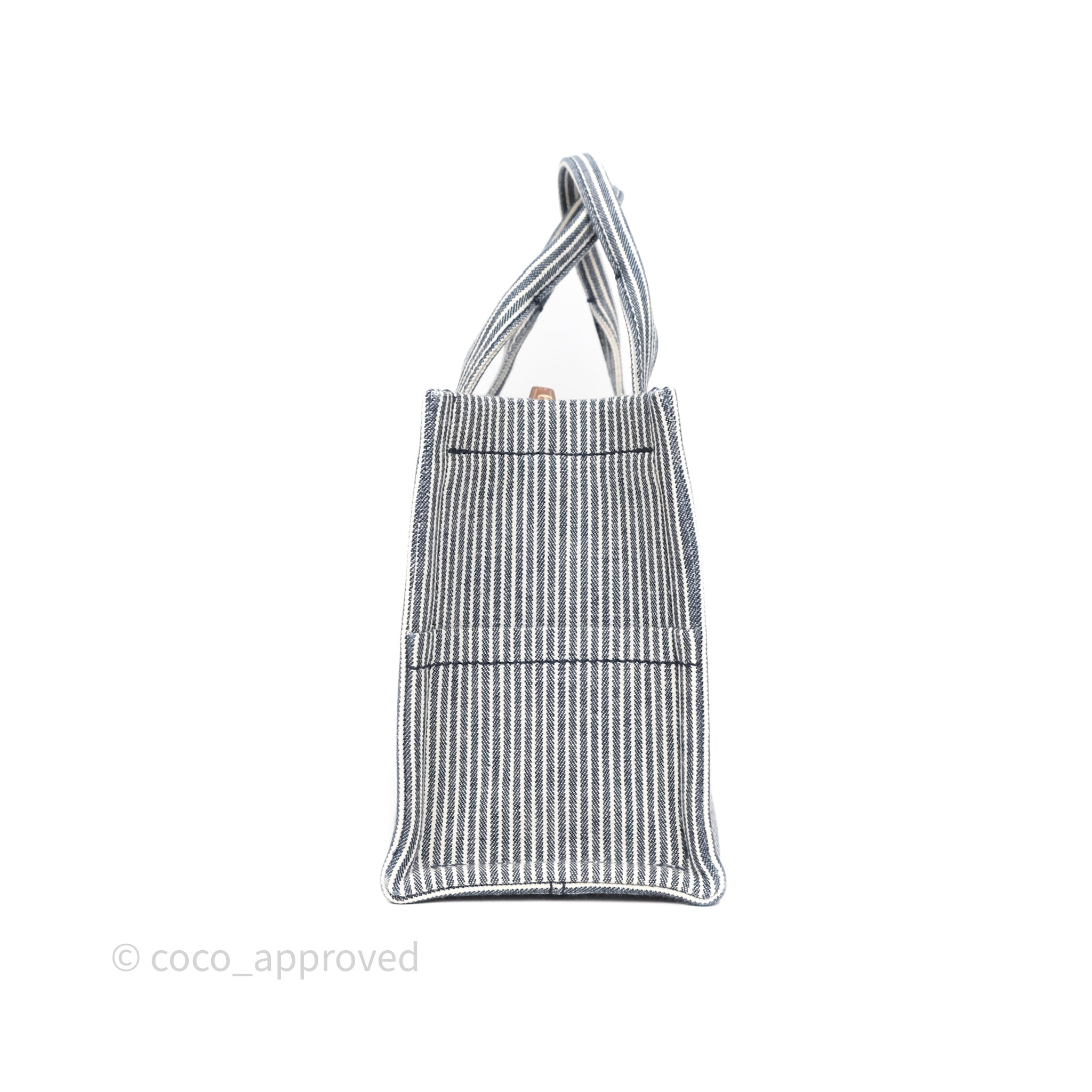 Celine Small Triomphe Cabas Thais Navy Blue Striped Canvas & Tan Calfskin Shoulder Bag - Luxury Designer Tote for Women, Perfect for Work, Travel and Everyday Use