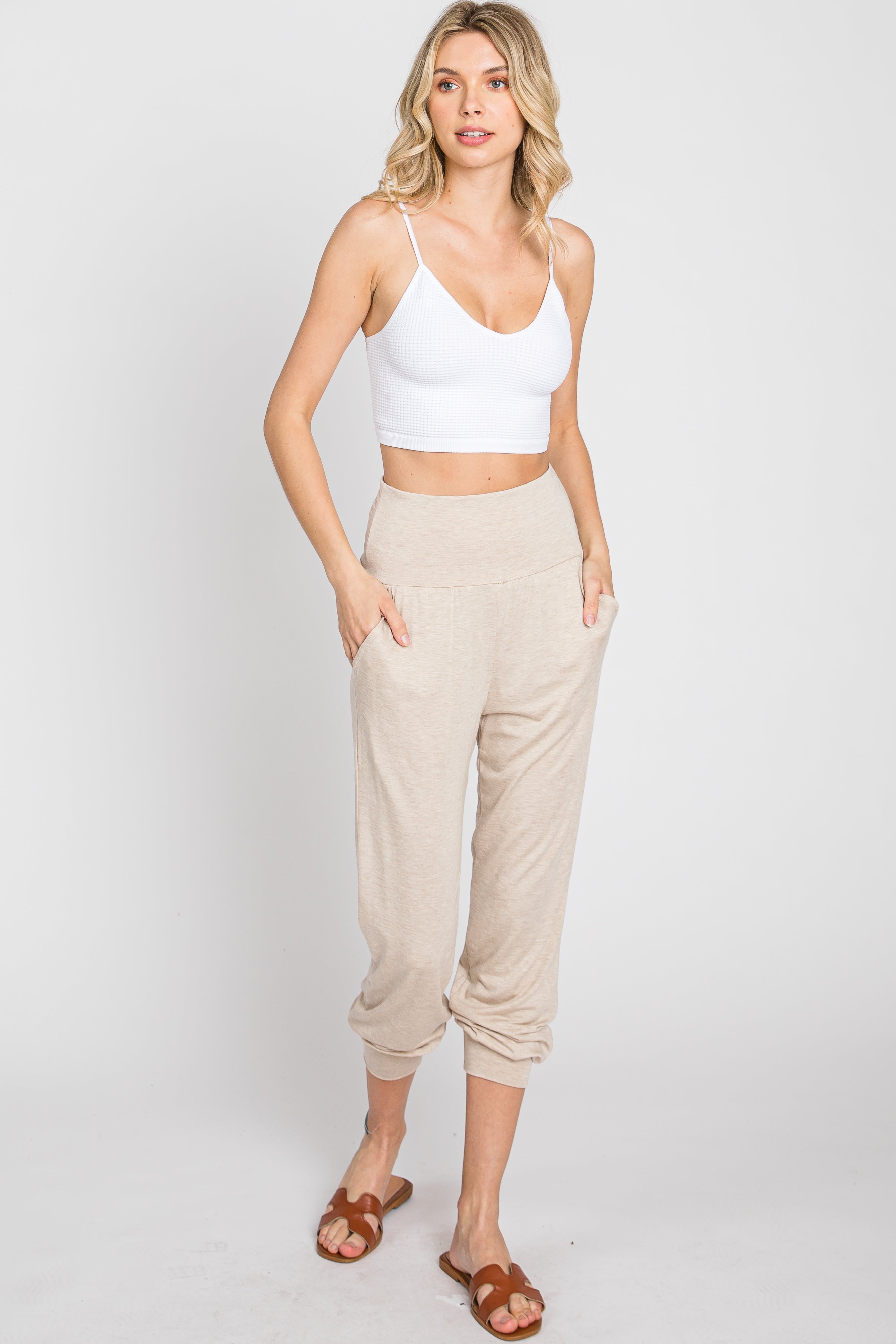 Beige Foldover Joggers for Women - Soft High Waisted Lounge Pants with Pockets | Perfect for Yoga, Running, Travel & Casual Wear
