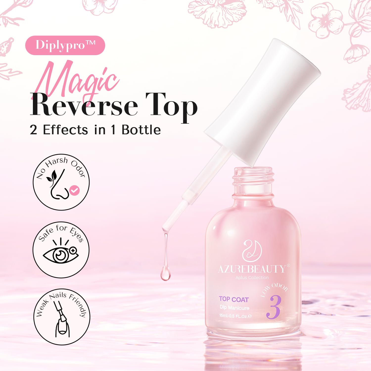 AZUREBEAUTY Low Odor Dip Powder Top Coat - 15ml Nail Liquid Set for Dip Powder Manicure, No UV Lamp Needed | Perfect for Salon & Home Nail Care