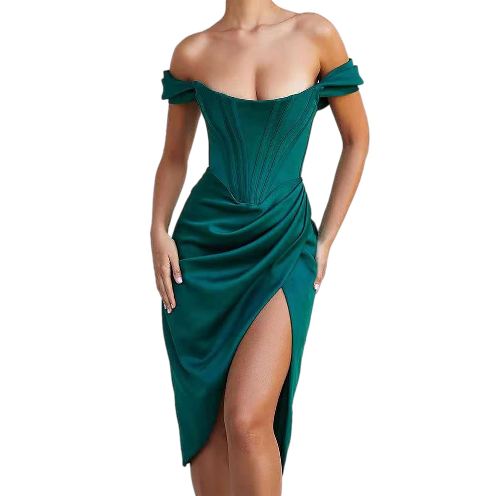 Sexy Off-Shoulder Midi Dress for Women - High Waist Solid Color Cocktail Party Dress with Side Split | Perfect for Evening Events, Date Nights & Summer Weddings