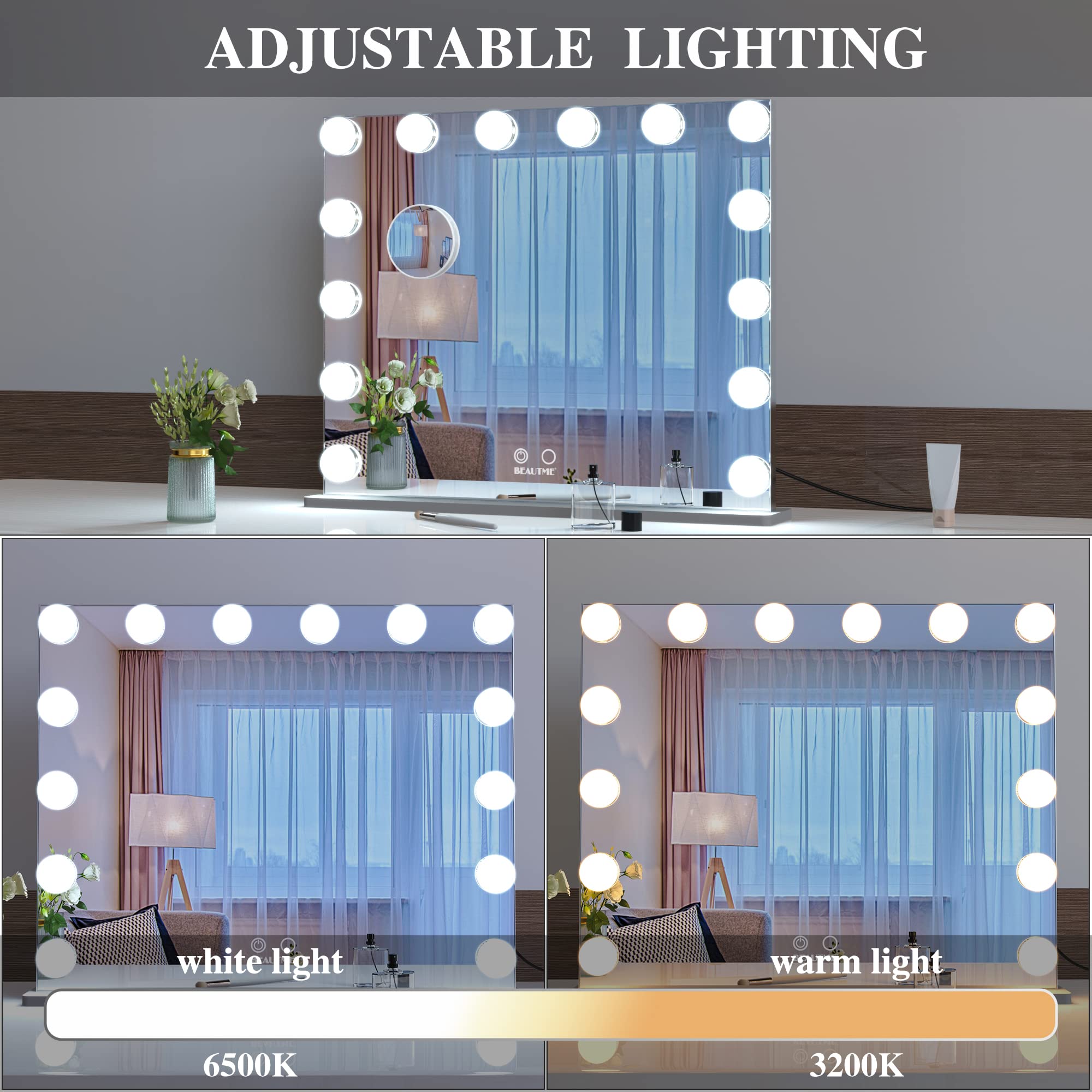 BEAUTME Hollywood Style Vanity Mirror with LED Lights - 24.4x19.7 Inch Tabletop/Wall Mounted Makeup Mirror, Detachable 10X Magnification for Precise Makeup Application - Perfect for Dressing Room, Bedroom & Bathroom Vanity (Silver)