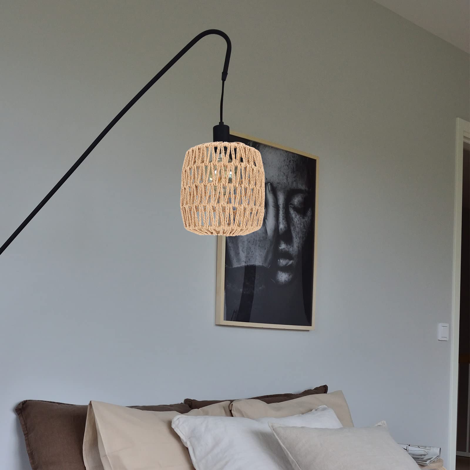 1PC Woven Rattan Lamp Shade - Medium Drum Pendant Light Cover for E27 Bulb - Hanging Chandelier, Table & Ceiling Light Fixture - Boho Home Decor for Living Room, Bedroom & Patio