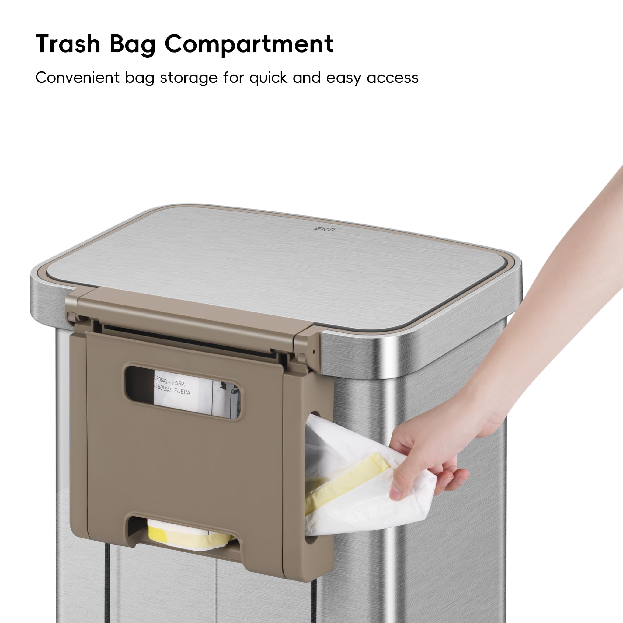 EKO Hudson Matte Stainless Steel 20 Gallon Step Trash Can with Rear Storage Compartment - 75L Kitchen Garbage Bin for Home, Office & Restaurant Use