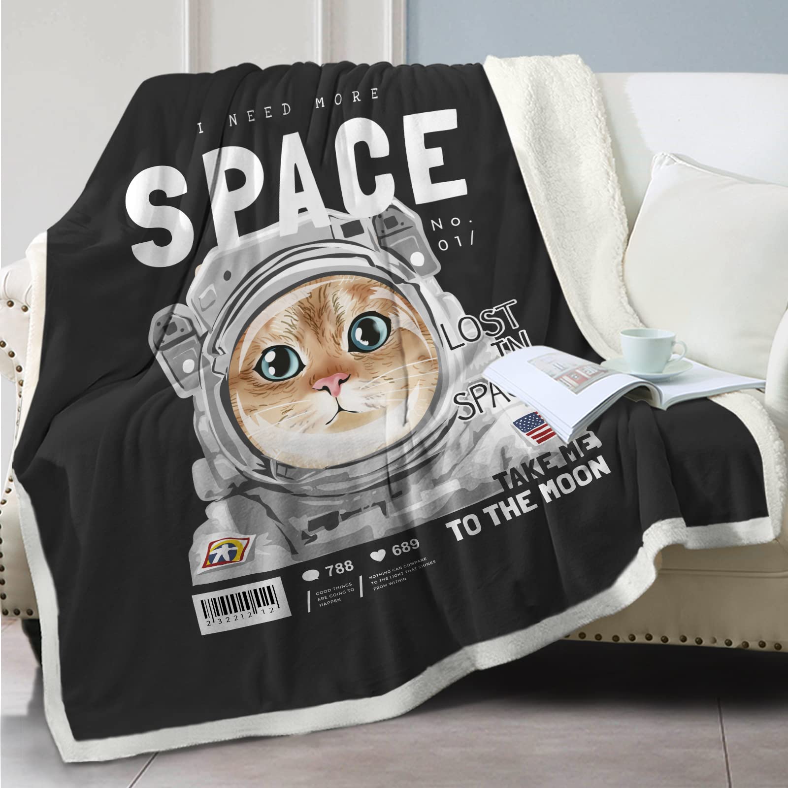 SOULZZZ Super Soft Sherpa Cat Astronaut Throw Blanket - Fluffy Plush Cozy Blanket for Couch, Bed & Sofa - Perfect Gift for Cat Lovers (90x90 Inches) - Ideal for Snuggling, Movie Nights & Home Decor