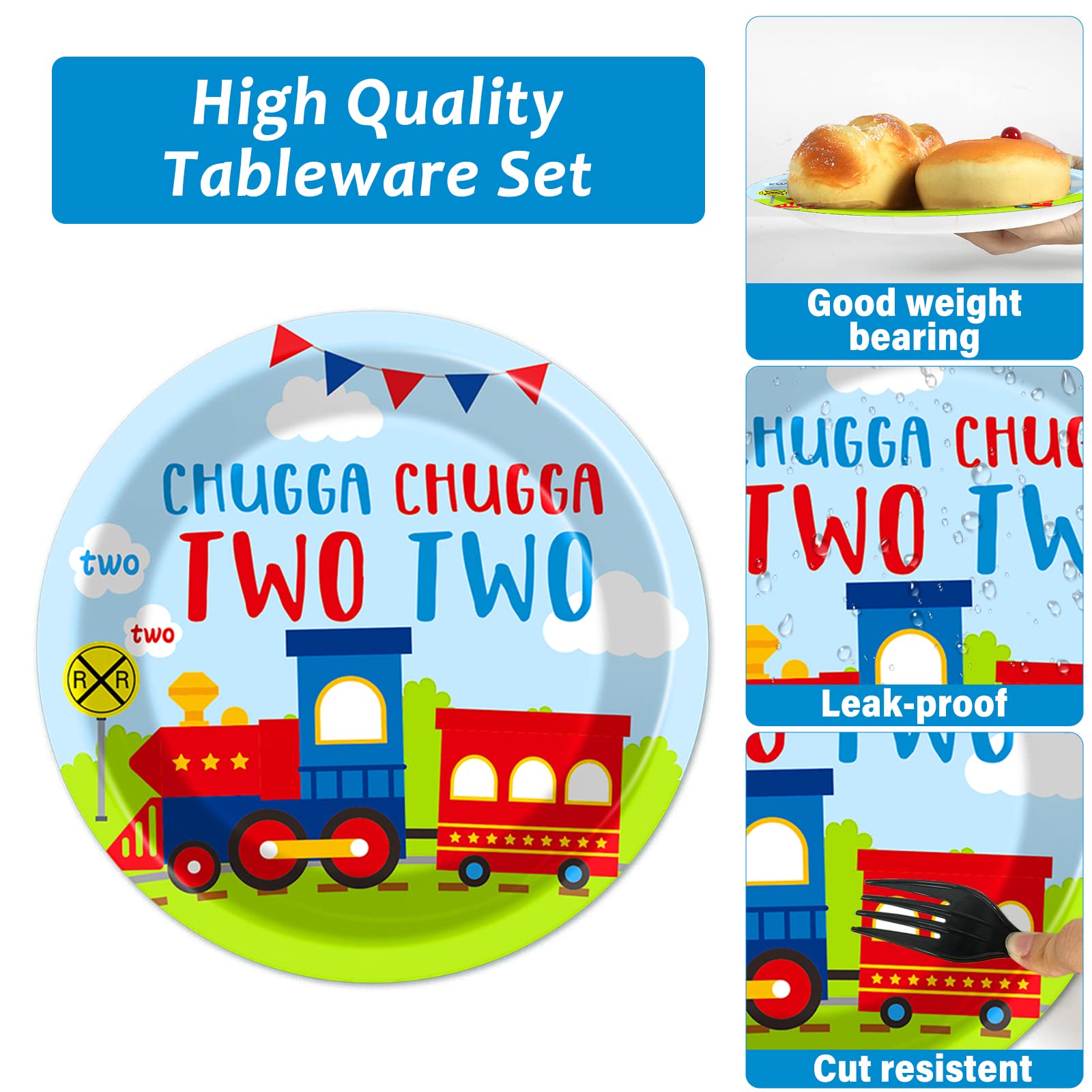 100 PCS Chugga Chugga Two Two Train-Themed Party Supplies Set - Disposable Paper Plates, Napkins & Forks for 2nd Birthday Decorations (Serves 25) | Perfect for Kids Transportation Theme Parties & Baby Shower Tableware