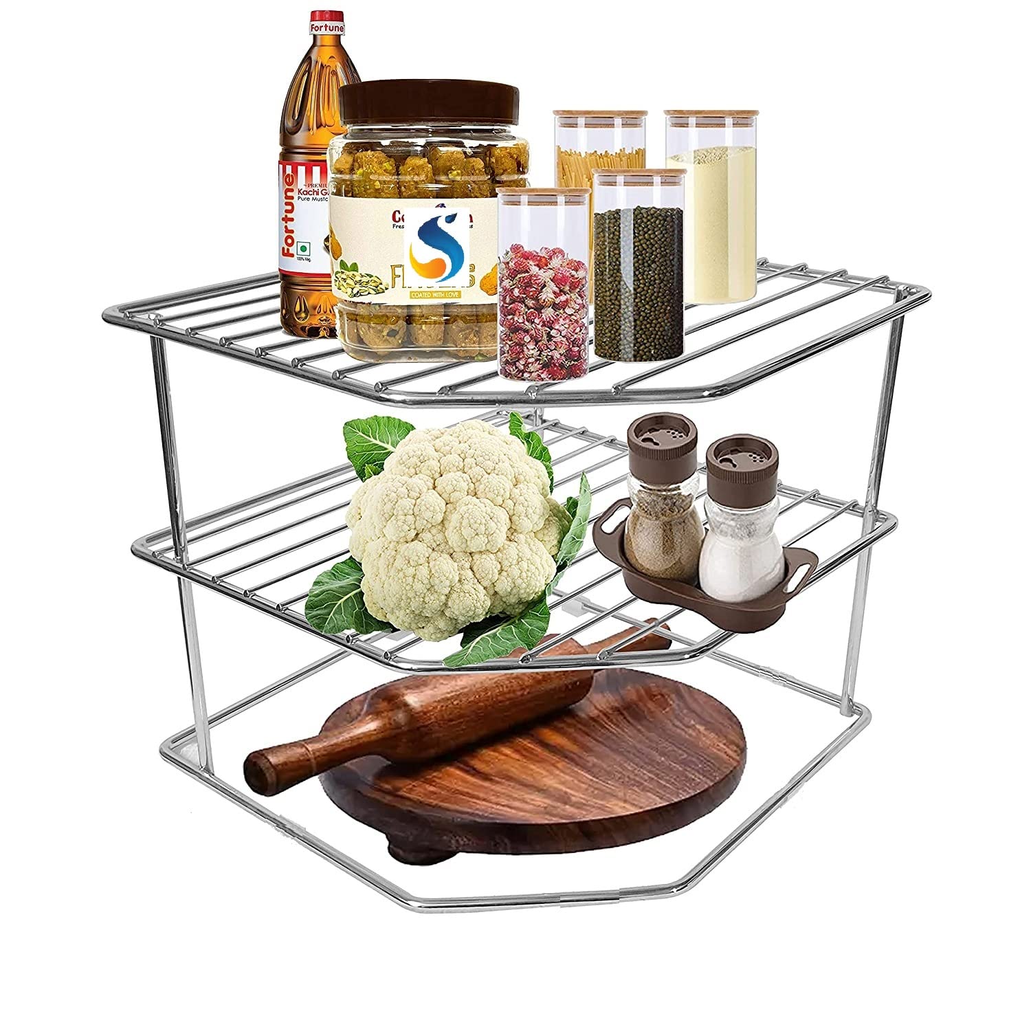 Sevenger Multipurpose Stainless Steel Kitchen Corner Shelf Organizer - Chakla Belan Plate Dish Rack Stand Holder for Utensils Storage, Cabinet & Cupboard (Set of 1) - Perfect for Small Kitchen Space Saving & Countertop Organization