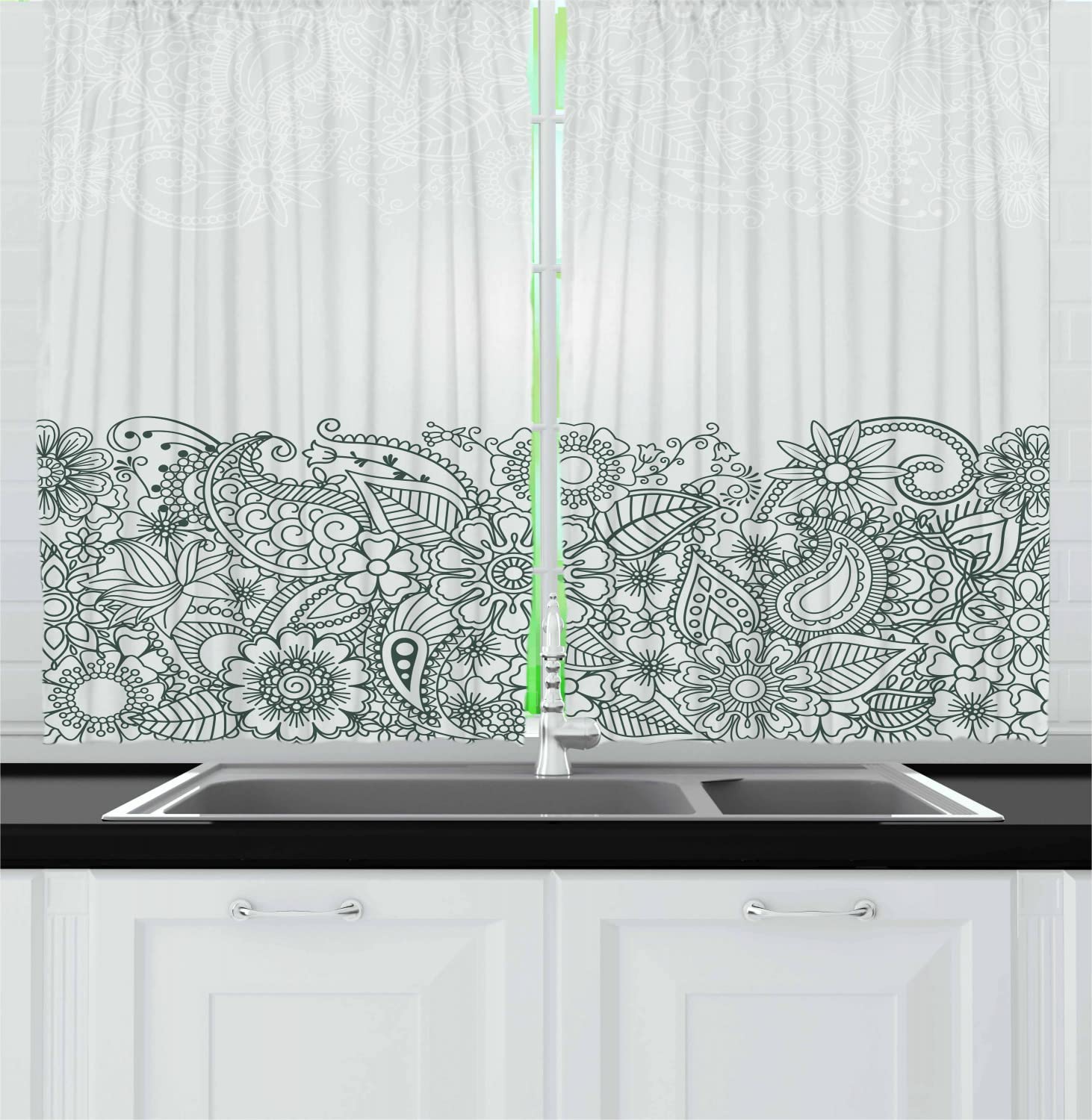 Ambesonne Folk Long Kitchen Curtains - South Body Paint Floral Design with Wildflowers & Leaves, 2 Panel Rod Pocket Drapes for Windows, 55