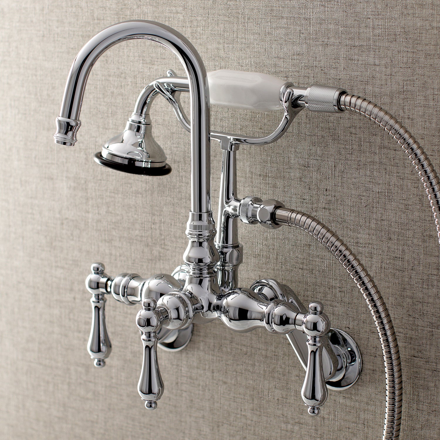 Vintage Style 3-Handle Wall Mount Clawfoot Bathtub Faucet with Hand Shower - Polished Chrome Finish - Perfect for Antique Bathroom Renovations and Luxury Spa Retreats