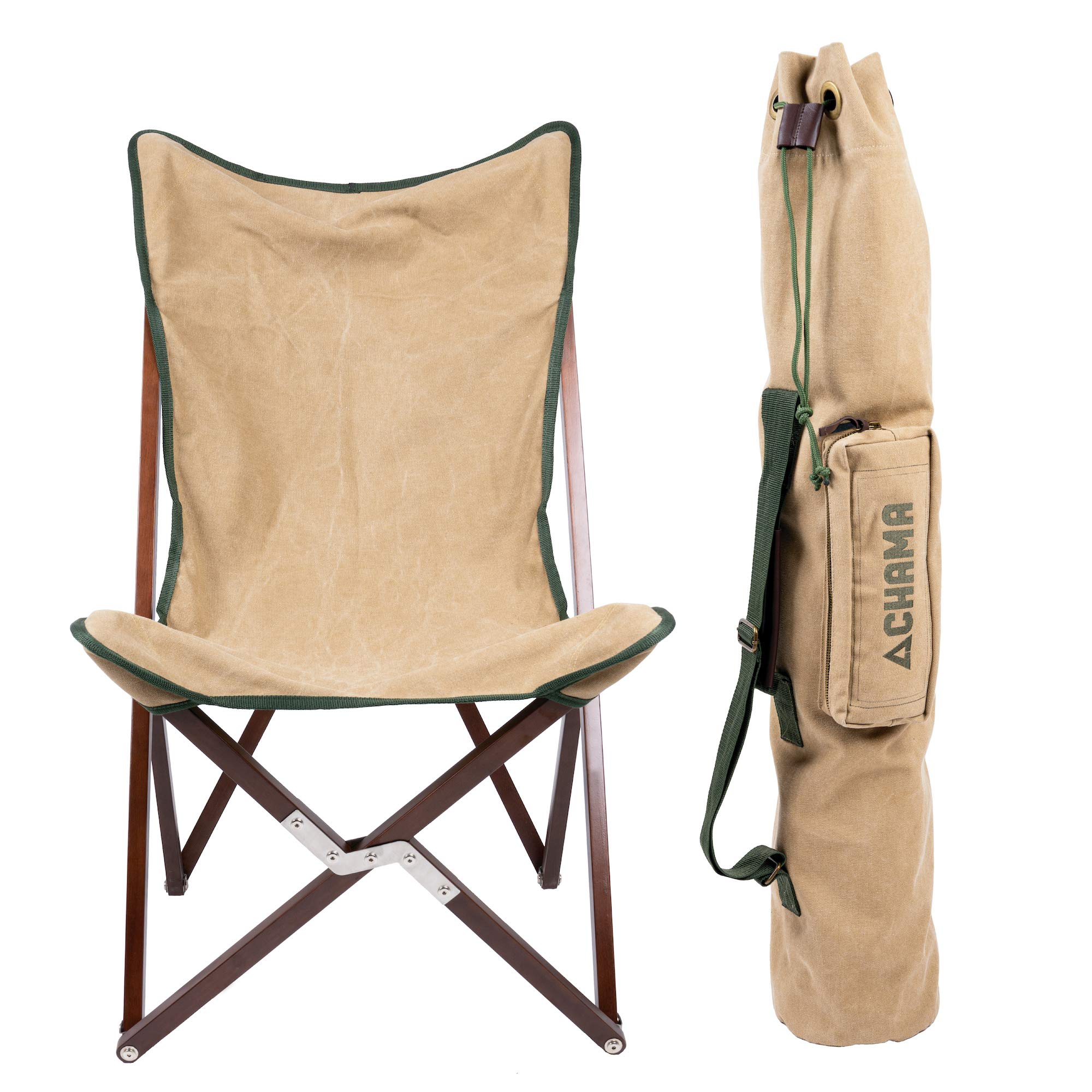 CHAMA Vaquero Folding Chair & Travel Bag - Wheat & Pine Wood Outdoor Portable Camping Chair with Canvas Seat - Supports 300 lbs - Perfect for Camping, Picnics, Beach, Backyard, Patio & Indoor Use