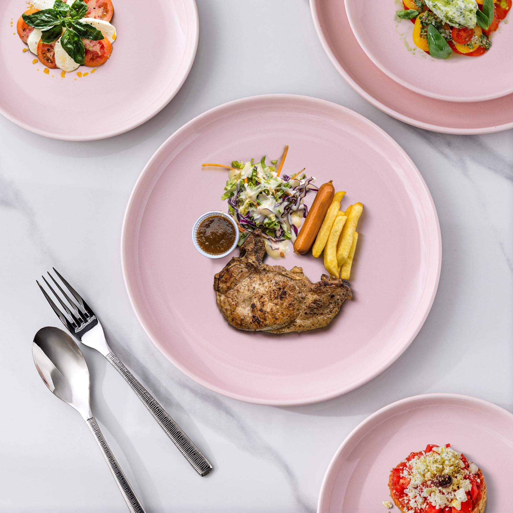 AmorArc 6-Piece Ceramic Dinner Plates Set - 8 Inch Round Stoneware Salad & Dessert Plates, Microwave & Dishwasher Safe, Scratch Resistant Deep Dishes - Pink | Perfect for Family Dinners, Parties, Restaurants & Everyday Use