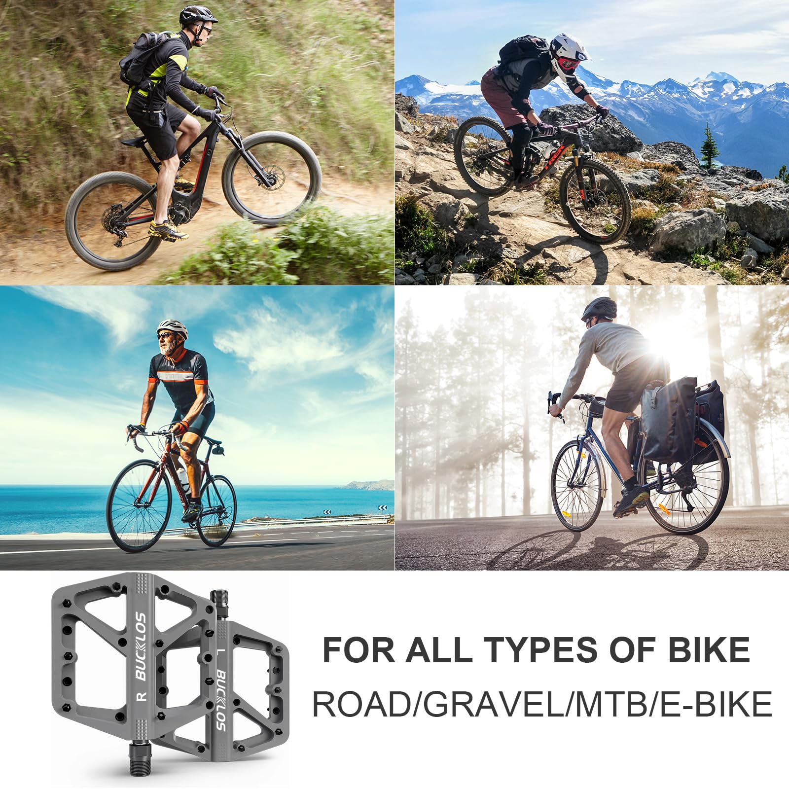 BUCKLOS MTB Pedals - Non-Slip Large Platform Mountain Bike Pedals for Adults, 9/16