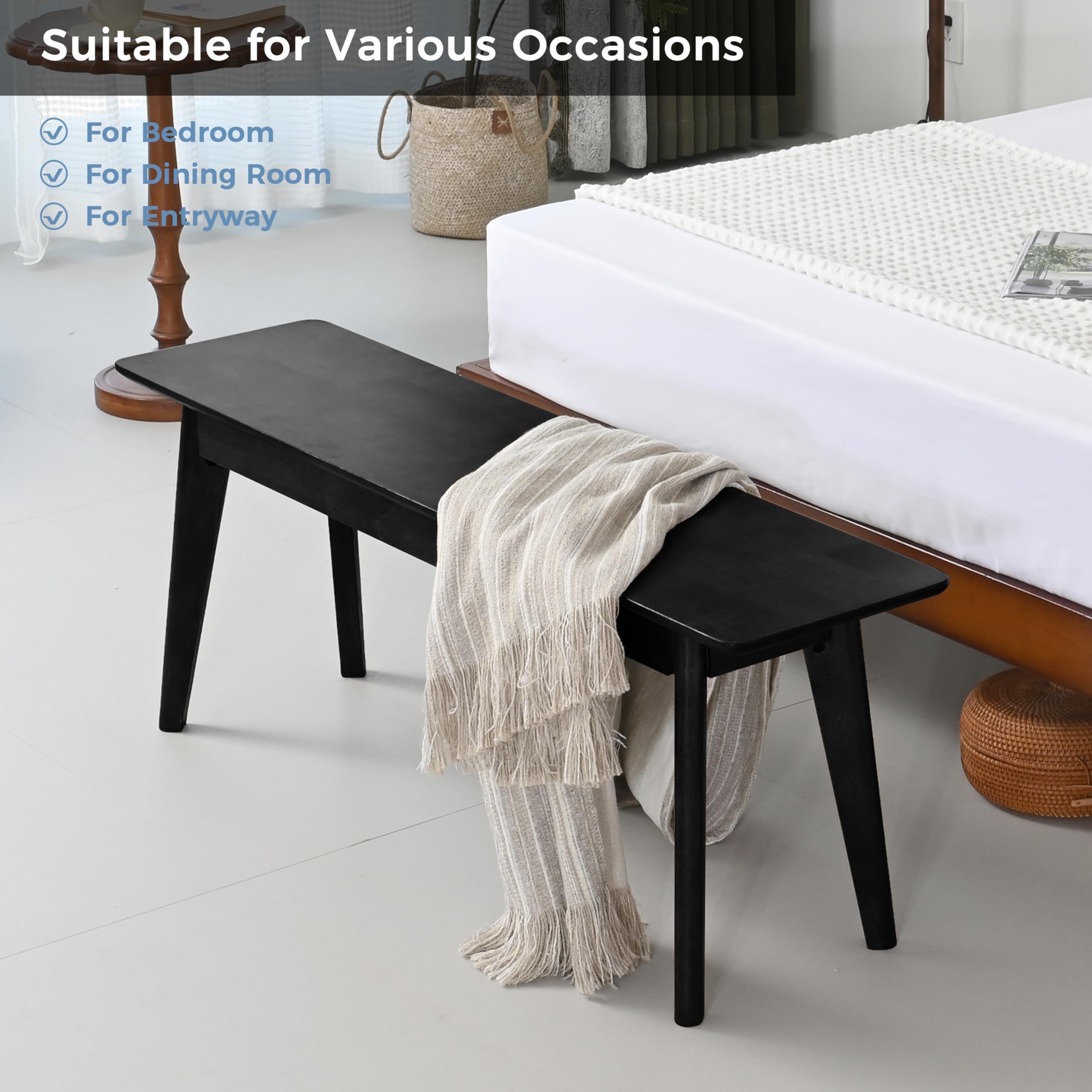 DELAVIN 47 Inch Oak Wood Dining Bench - Modern Black Kitchen Bench, Bedroom Bench, Living Room Bench - Sturdy Wooden Seating for Dining Table, Entryway, or Home Decor
