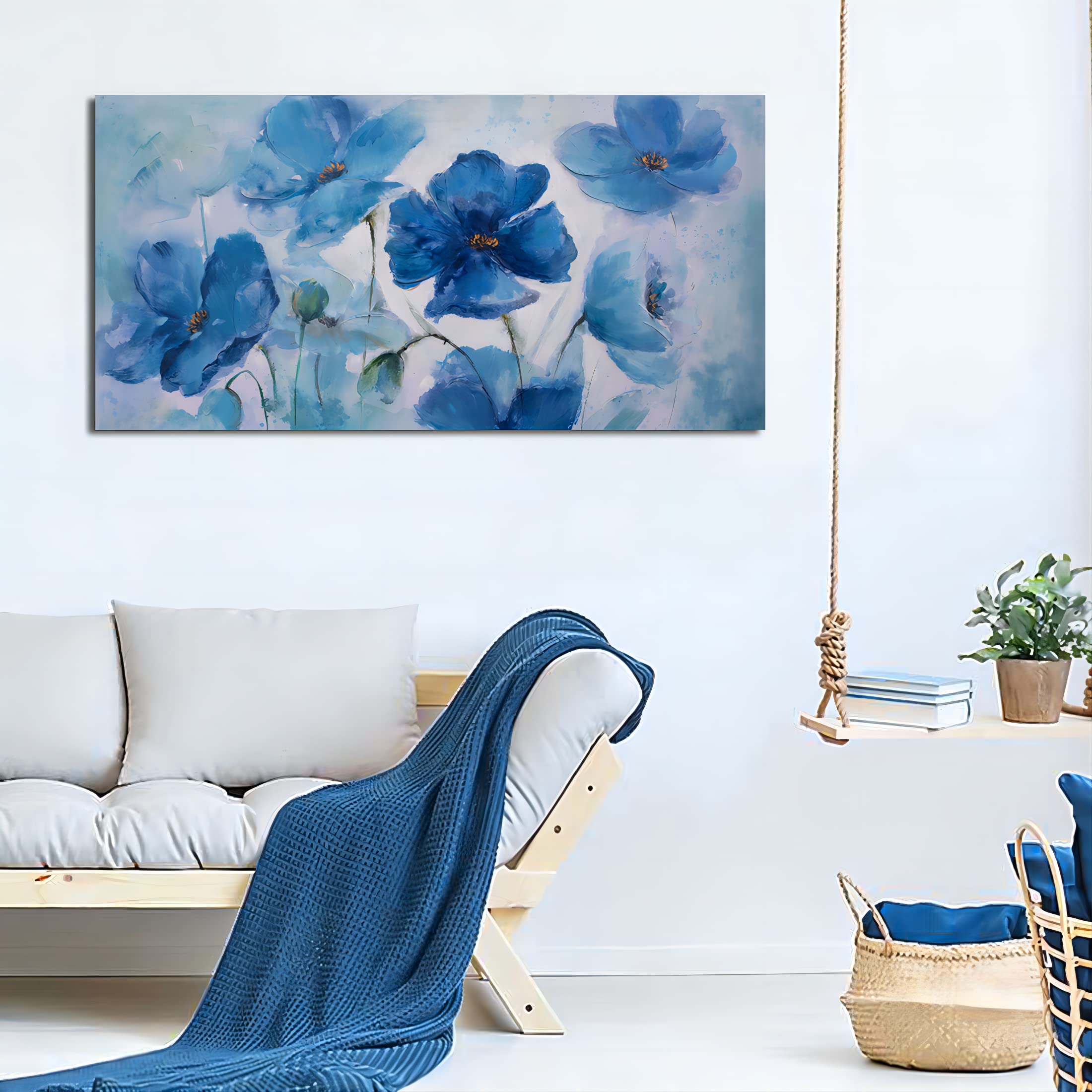 Large Blue Floral Canvas Wall Art - 24x48 Inch Framed Abstract Flower Print, Modern Home Decor for Bedroom & Living Room | Ready to Hang | Perfect for Housewarming Gifts & Interior Design