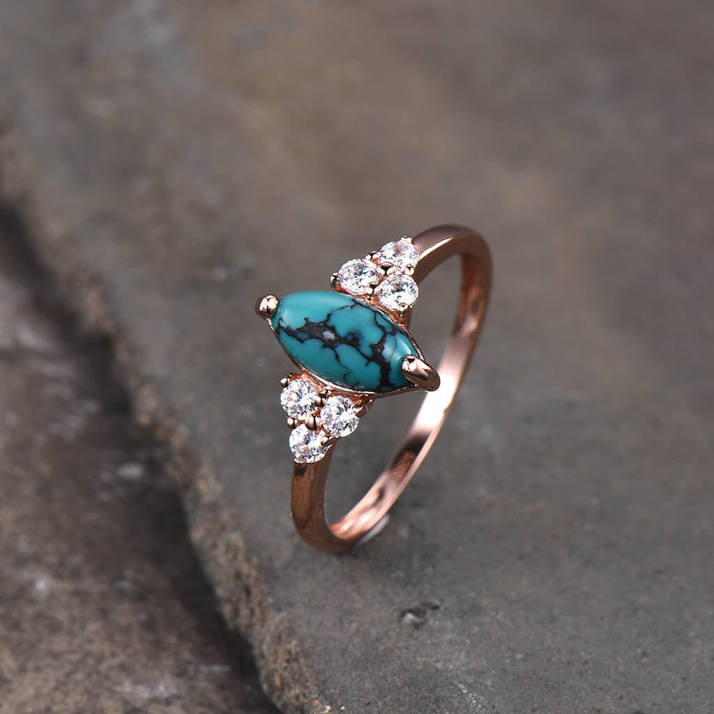 Marquise Turquoise Engagement Ring with Three Diamond Side Stones in 14k Gold Band - Perfect for Proposals, Weddings & Anniversary Gifts