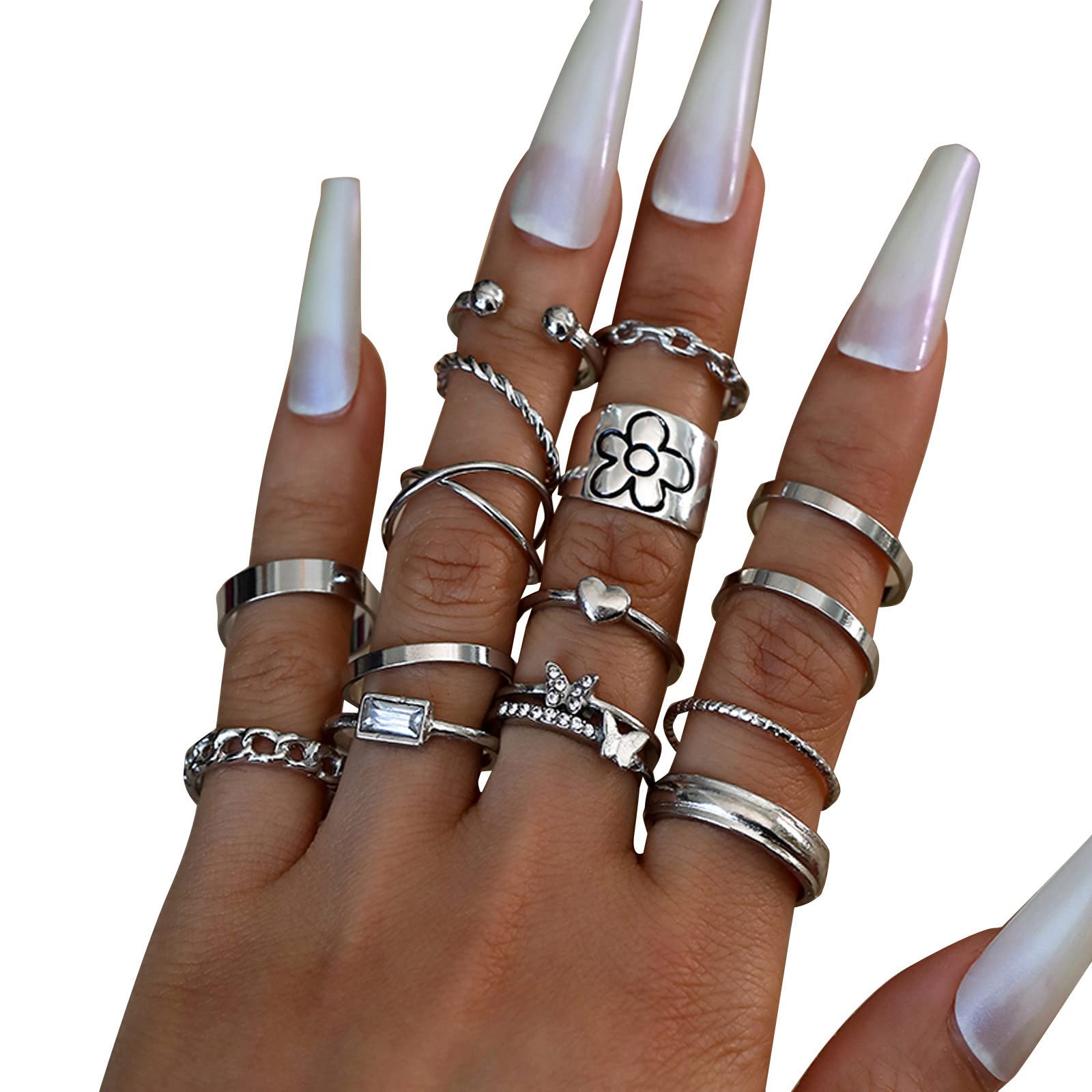 15Pcs Bohemian Promise Rings for Women - Silver Crystal Gemstone Knot Ring Set for Teens, Party & Festival Jewelry (One Size) | Perfect for Gifts, Friendship, Weddings & Special Occasions
