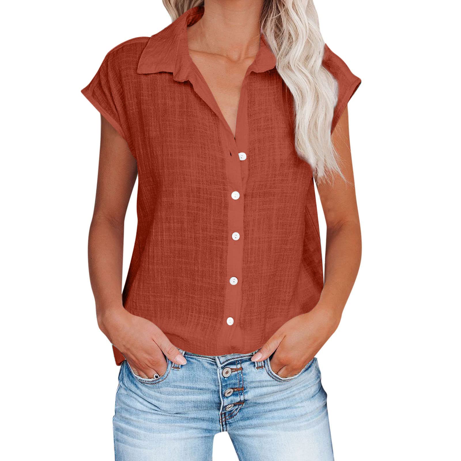 Women's Casual Cotton Linen Short Sleeve Blouses - Trendy 2024 Summer Tops, Loose Fit T-Shirts for Work, Date & Vacation