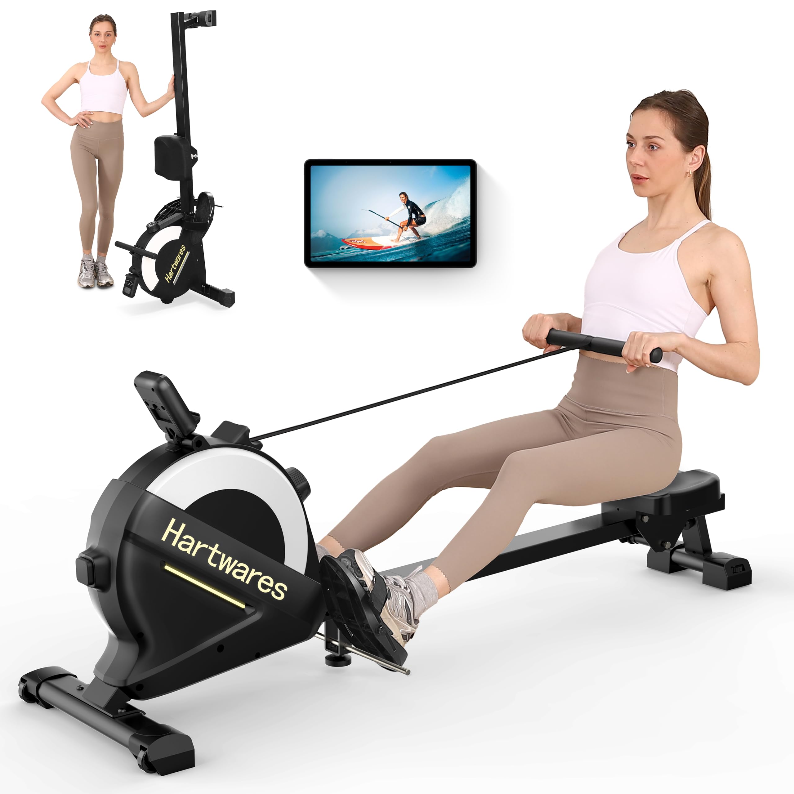 **Hartwares Magnetic Rowing Machine for Home - 77lbs High Resistance, 16 Quiet Levels, LCD Monitor & App Compatible - Perfect for Home Workouts, Cardio Training & Full-Body Exercise**