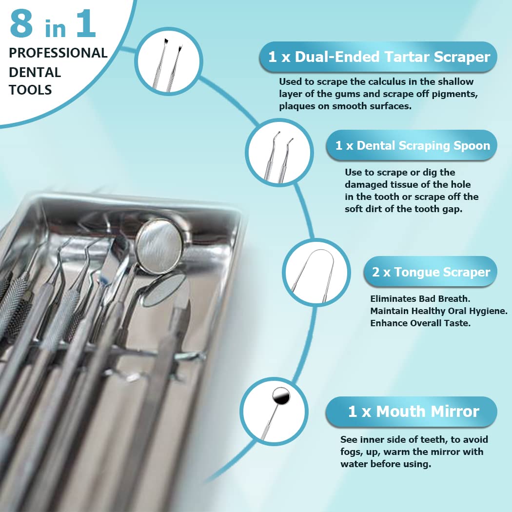 KOHEEL Professional Dental Tools Set with Metal Case - Teeth Cleaning Kit for Plaque & Tartar Removal, Oral Hygiene Care with Tongue Scraper, Gum Cleaner, Dental Probe & Tweezers (1 Pack) - Perfect for Dentists, Home Use & Travel Oral Care