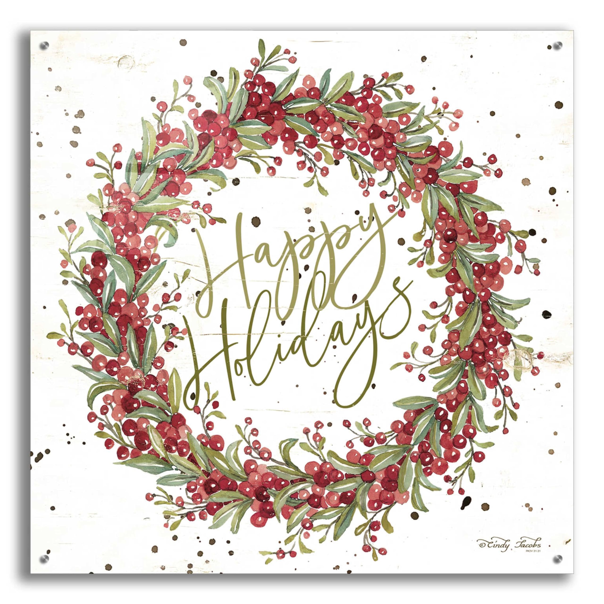 Happy Holidays Berry Wreath Acrylic Glass Wall Art - 36x36 Inch Christmas Decor by Cindy Jacobs - Perfect for Living Room, Bedroom, or Office Holiday Decoration
