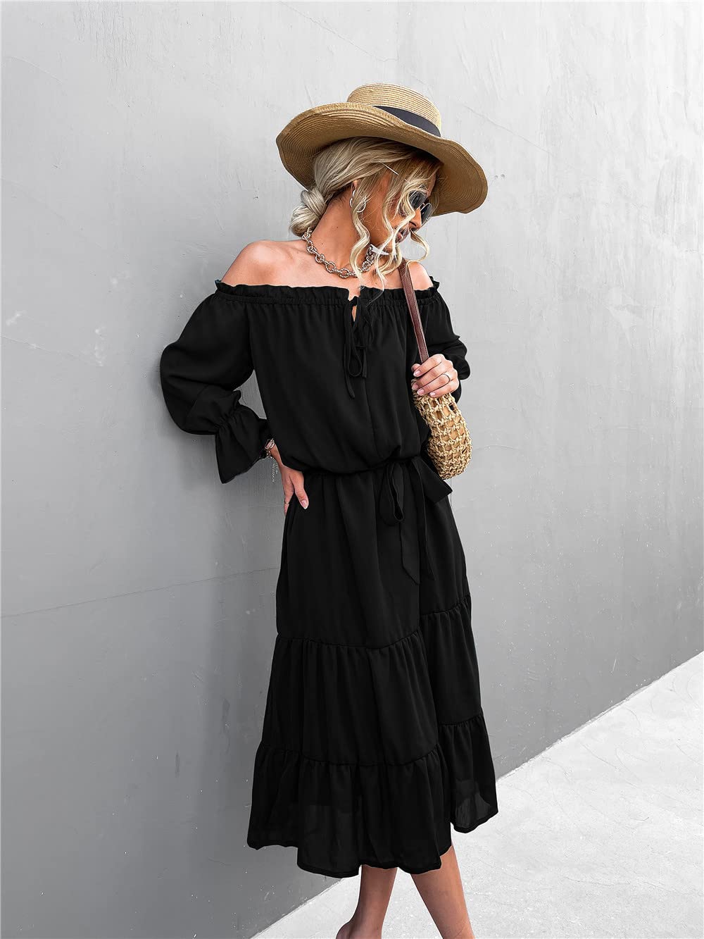 Women's Midi Off Shoulder Ruffle Long Sleeve Summer Dress - Solid Color Loose Fit Tiered Tunic with Tie Neck | Perfect for Beach Vacations, Date Nights & Summer Parties
