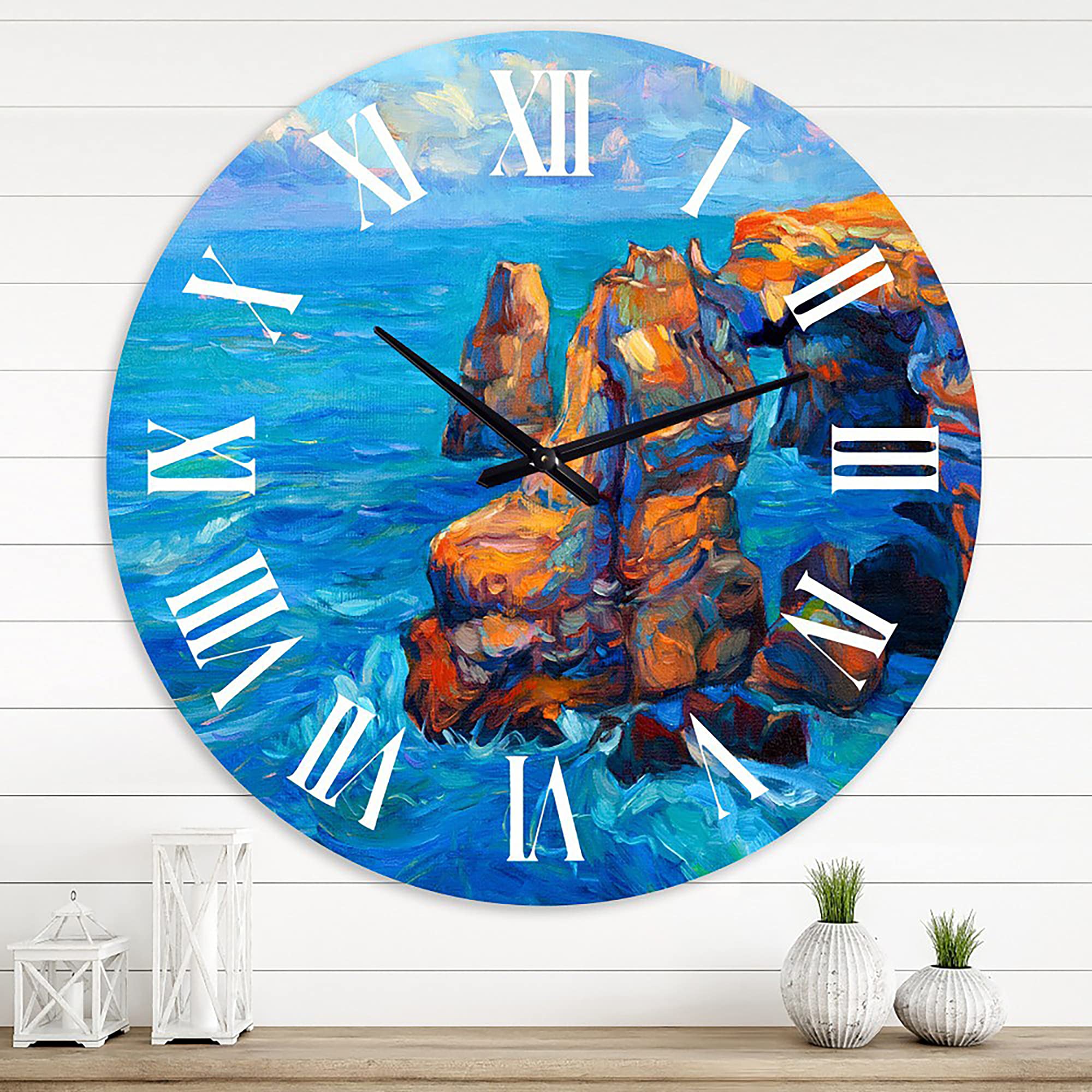 DesignQ Coastal Wall Clock 'Cliffs by The Blue Ocean' - 12 Inch Round Nautical Decor for Living Room, Bedroom & Office - Perfect for Beach House & Coastal Style Home Decor