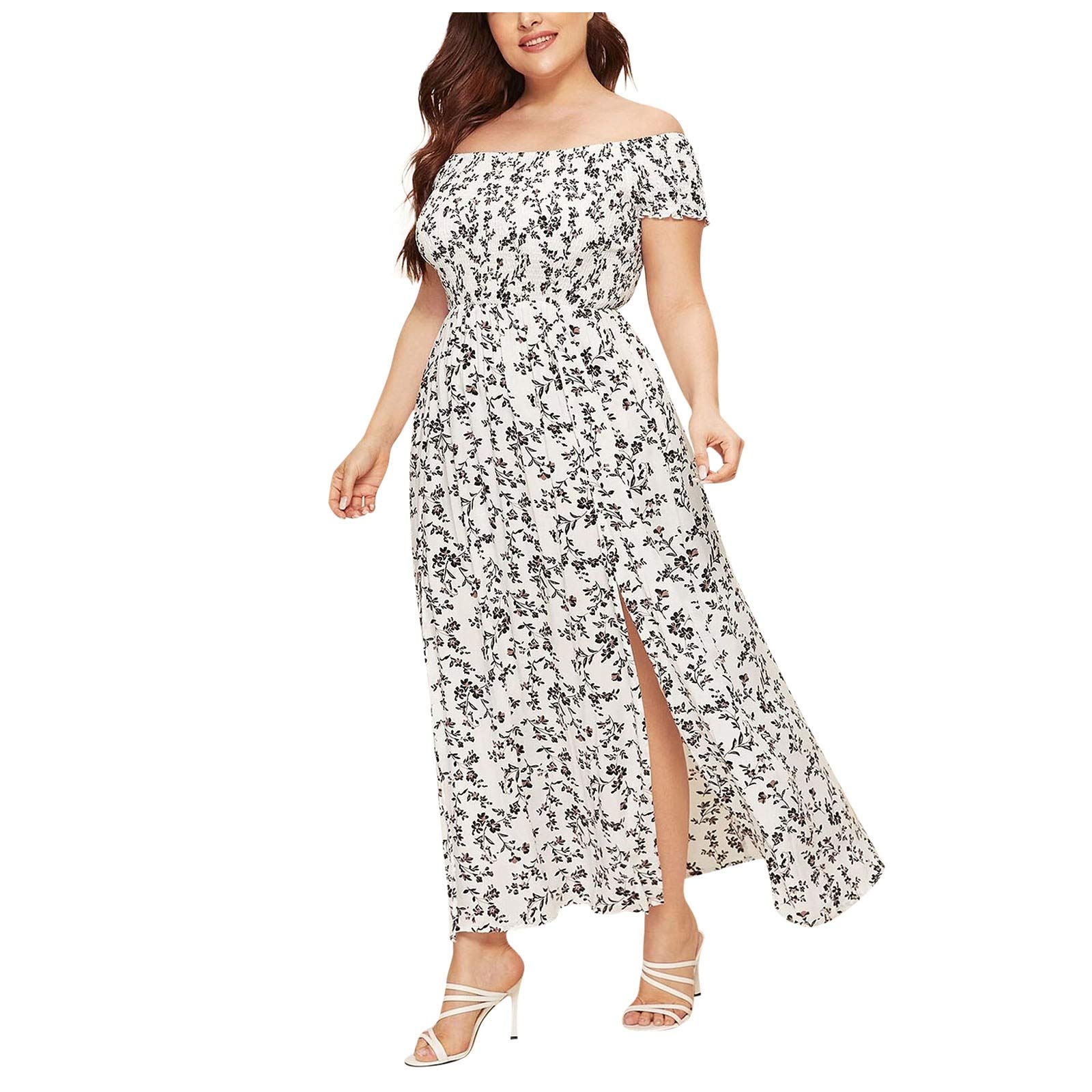 Plus Size Women's Floral Summer Dress - Off Shoulder Shirred Bodice & Thigh Split Design - Casual Boho Maxi Dress for Beach, Vacation & Date Night