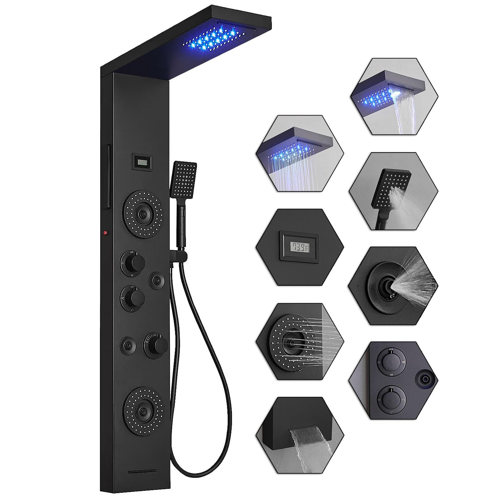 LED Rainfall Shower Panel System - 6 Function Wall Mounted Shower Tower with Handheld Spray, Body Jets & Temperature Display | Perfect for Spa-Like Bathroom Experience, Luxury Home Renovation & Relaxing Water Massage