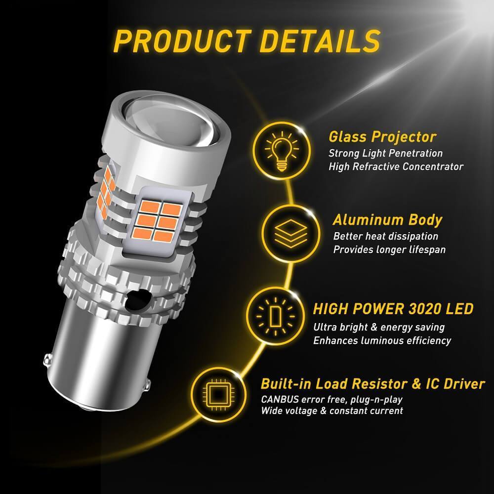 1156 BA15S 7506 LED Bulb - CANBUS Error Free Turn Signal Light with Built-in Load Resistor, 2200K Amber Yellow, 2800LM - Perfect for Cars, Trucks, Motorcycles & Off-Road Vehicles