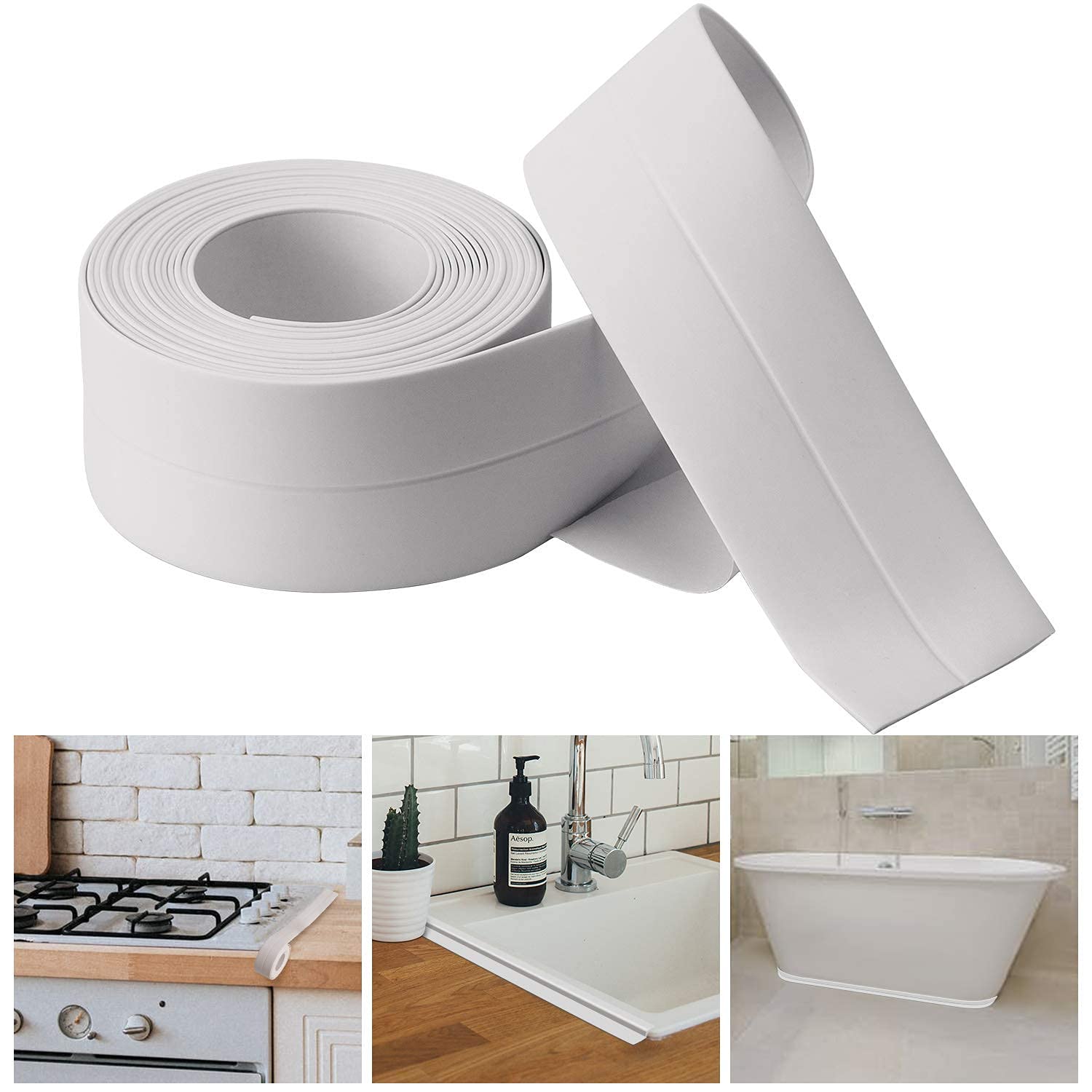 Self-Adhesive Caulk Strip for Bathtub - Waterproof Caulking Tape for Kitchen Countertop, Sink, Bathroom & Toilet Sealing (3.2M x 3.8CM) - Oil-Resistant Edge Protector for Floor Wall Joints | Perfect for DIY Home Repair & Water Leak Prevention