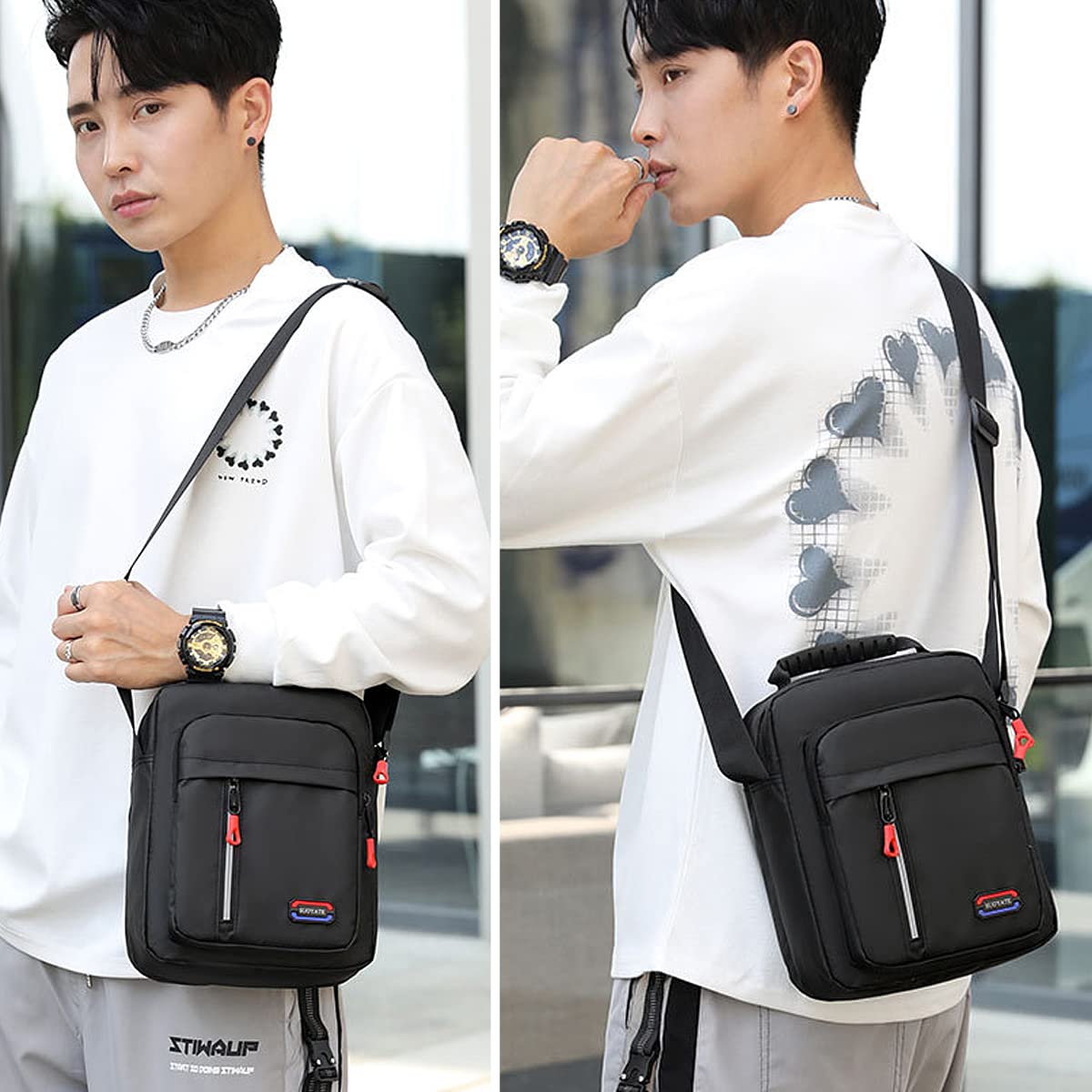 Men's Canvas Shoulder Bag - Small Crossbody Messenger Bag with Multiple Pockets for Phone, Wallet & Essentials | Durable Casual Handbag for School, Work, Travel & Hiking | Perfect Everyday Carry Bag (Black)