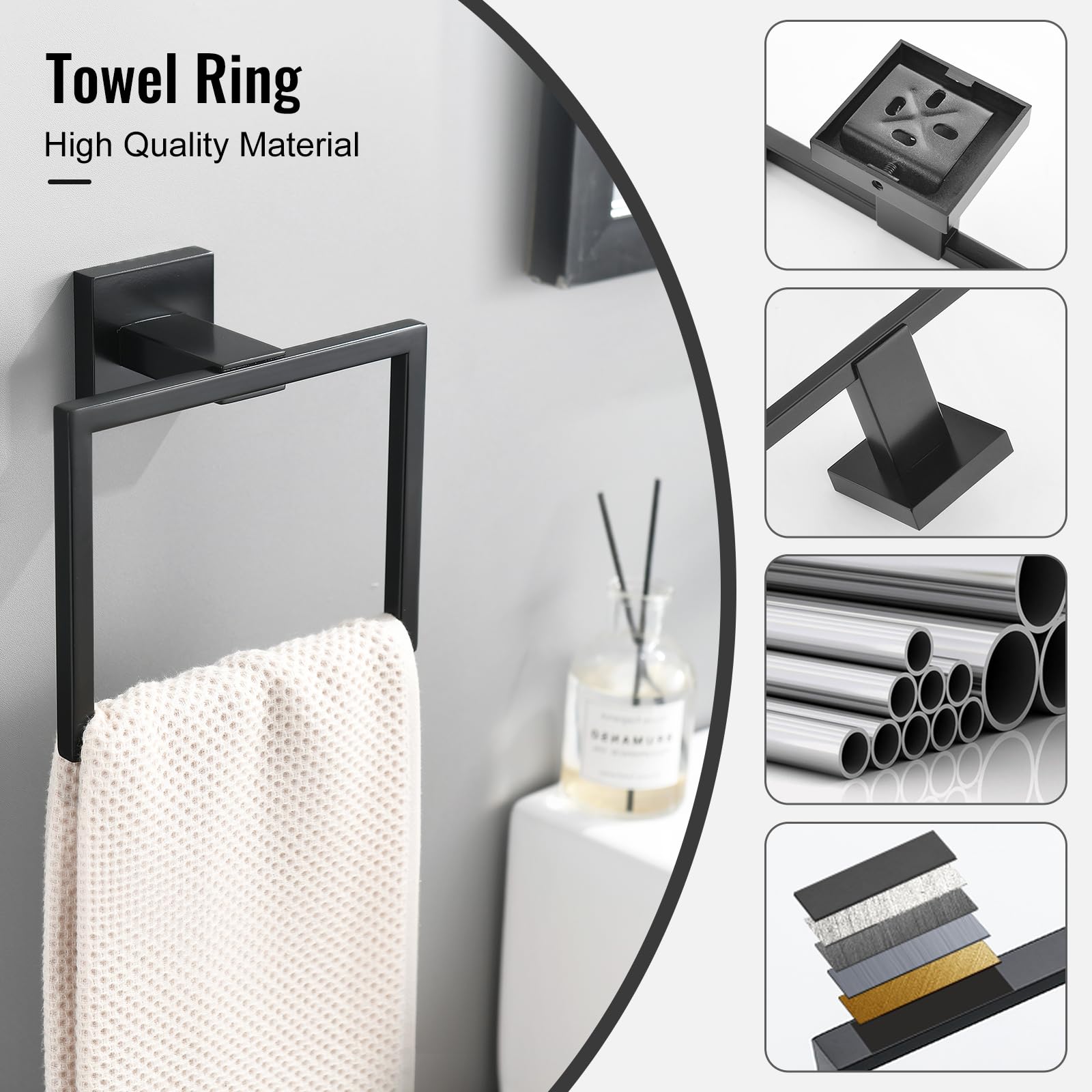 Stainless Steel Wall Mounted Towel Holder Ring - Matte Black Square Towel Rack for Bathroom, Kitchen & Lavatory | Durable Hand Towel Bar with Rustproof Design for Home & Hotel Use