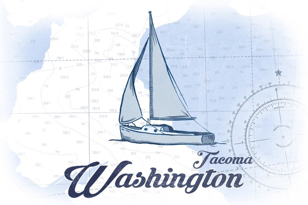 Signed Tacoma Washington Sailboat Blue Coastal Icon 72350 Art Print - 24x36 Wall Decor Poster for Nautical & Coastal Home Decor, Office, or Gift