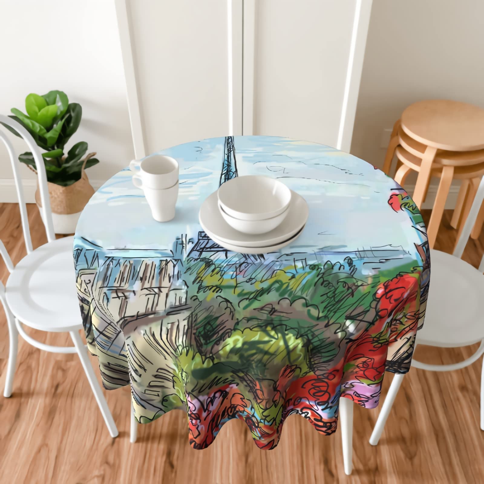 Paris Flower Tablecloth 60 Inch Round - Waterproof Fabric Farmhouse Table Cover for Dining, Party, Birthday & Wedding Decor | Home & Kitchen Decorations
