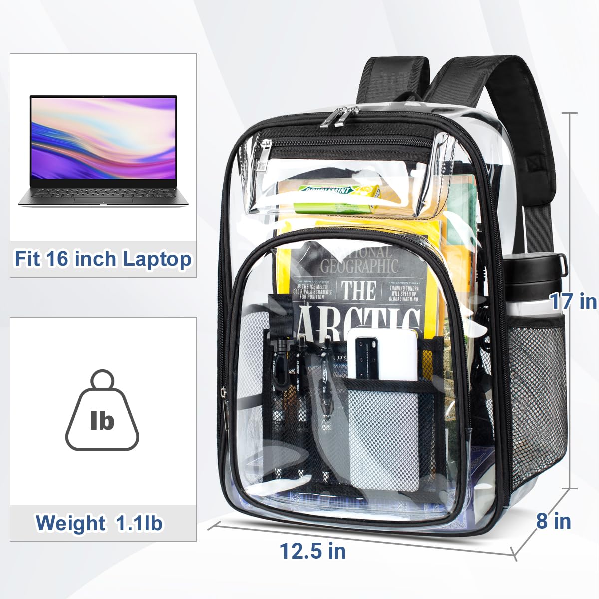 Clear Transparent Backpack with USB Charging Port - Heavy Duty PVC 15.6 Inch Laptop Backpack for School, Travel & Work - Stadium Approved See-Through Bookbag for Women, Men & Kids - Perfect for Security Checks, College & Outdoor Activities
