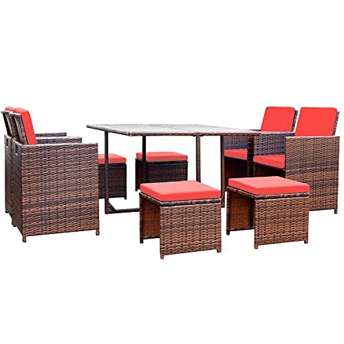 Devoko 9-Piece Outdoor Patio Dining Set with Rattan Chairs, Glass Table & Cushions - Space-Saving Conversation Furniture for Garden, Backyard, Poolside (Red)