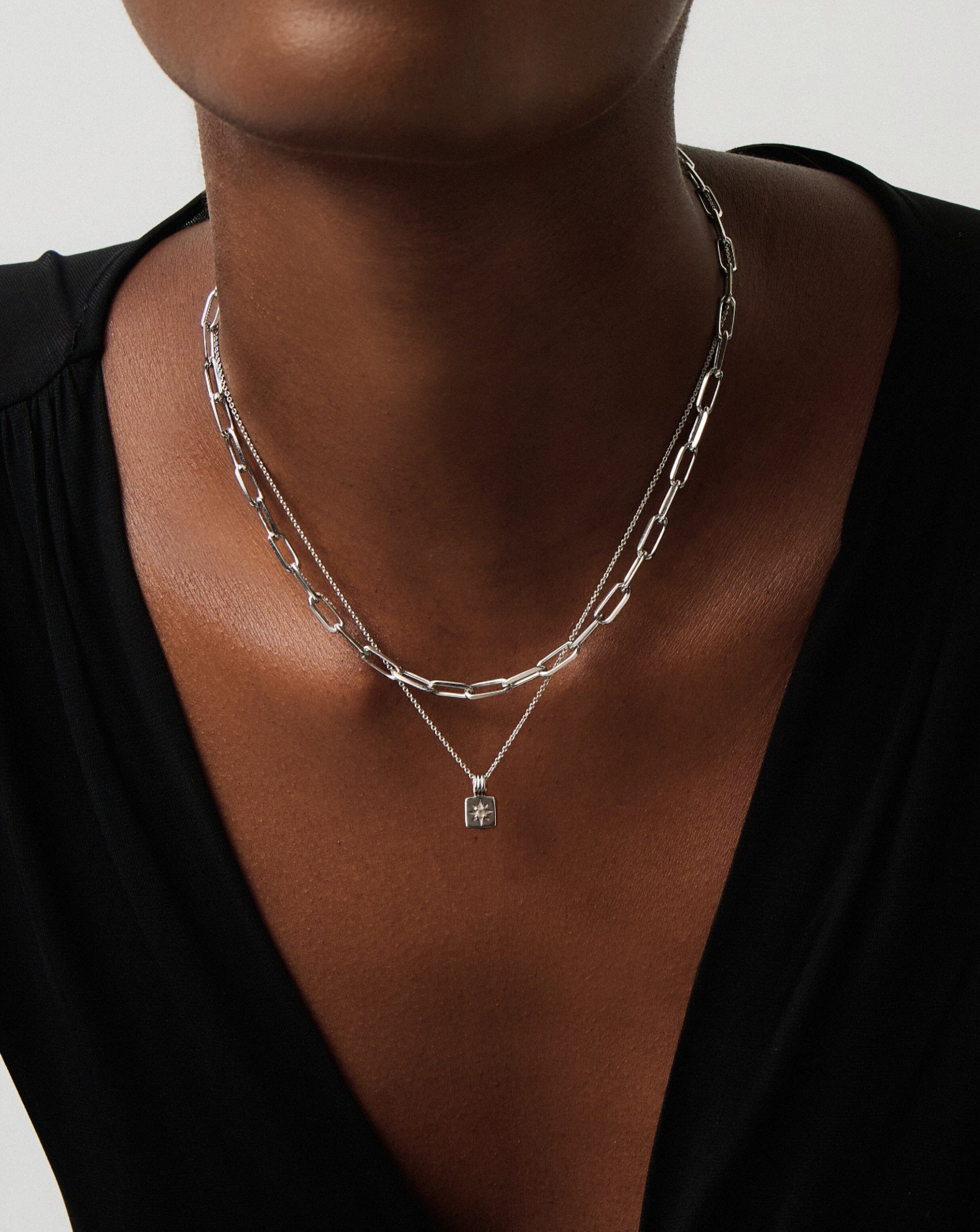 Star Ridge & Paperclip Chain Necklace Set | Silver Plated Cubic Zirconia Jewelry for Women | Elegant Layered Necklace for Date Night, Party & Gift Giving