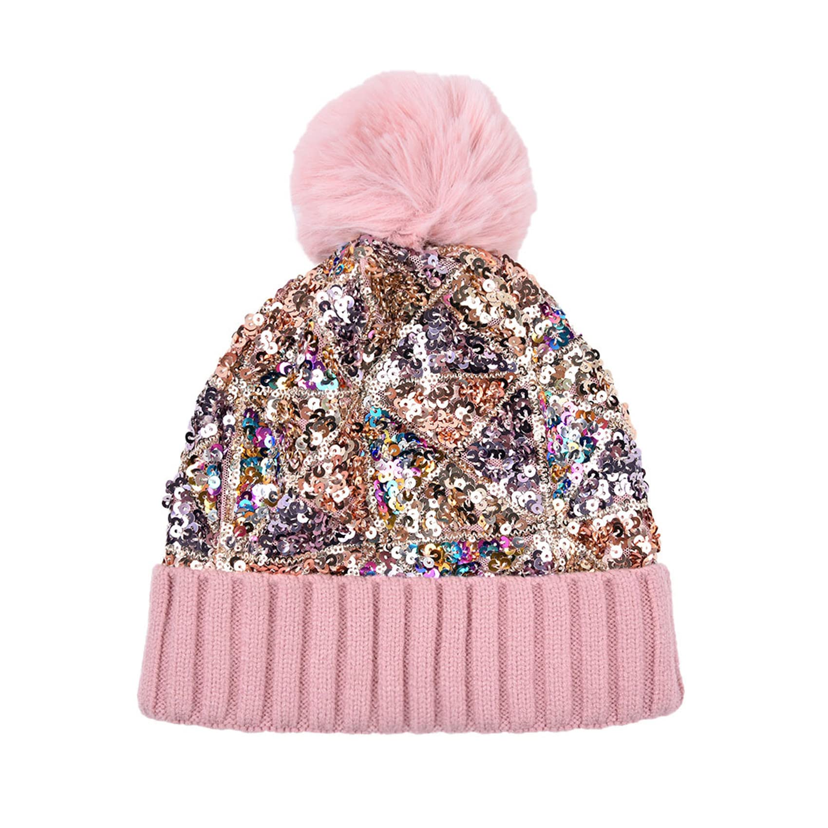 BOLLEY JOSS Women's Winter Beanie Hat with Glitter Sequins & Faux Fur Pom Pom - Colorful Knit Skull Cap for Skiing, Snowboarding & Cold Weather Fashion